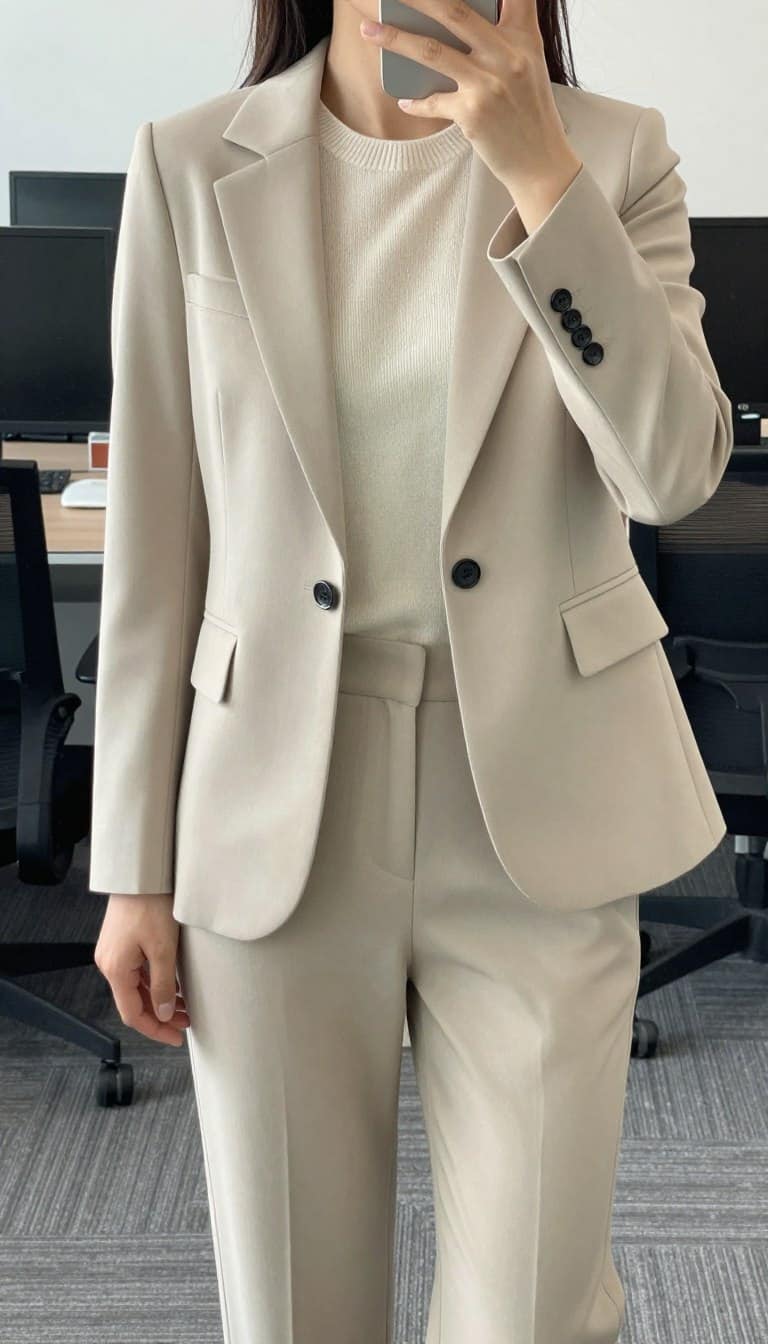 Woman wearing a neutral blazer with soft knit top and straight-leg trousers for spring office look