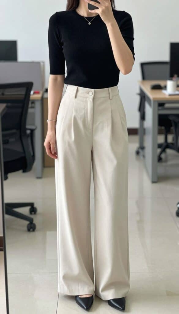 Woman wearing wide-leg trousers with fitted top for spring office to dinner outfit