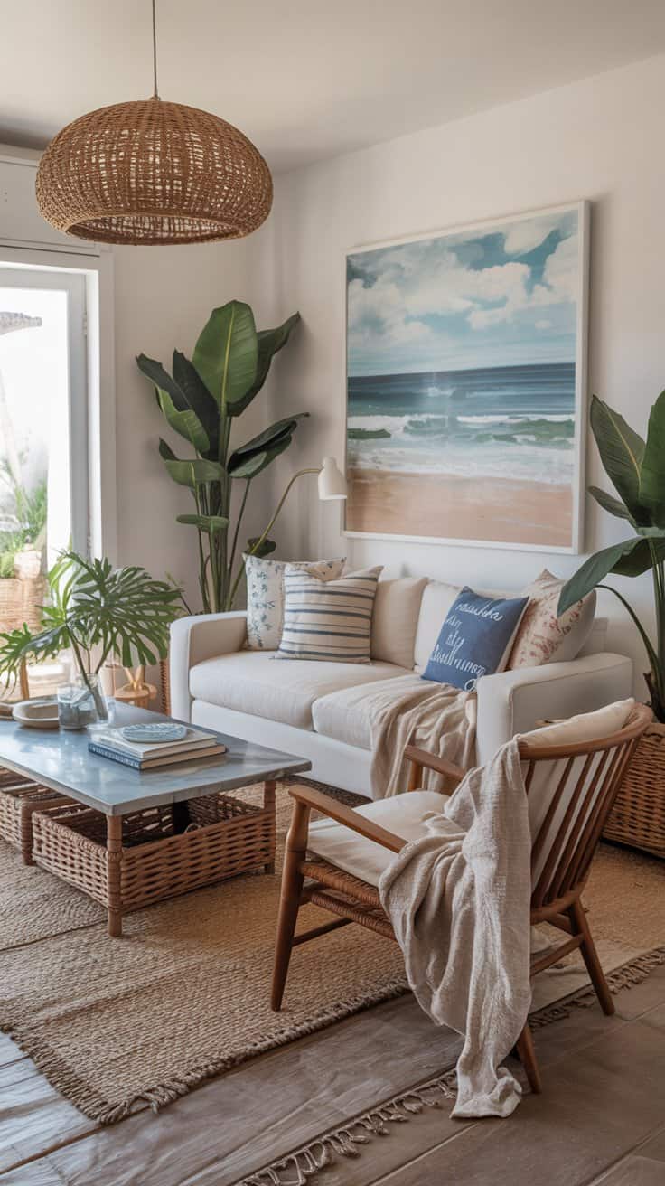 Bright coastal living room with white sofa and blue striped pillows, rattan pendant light, ocean artwork, banana plants, wooden armchair with linen throw, jute rug, and relaxed beach house decor in soft blues and natural tones.