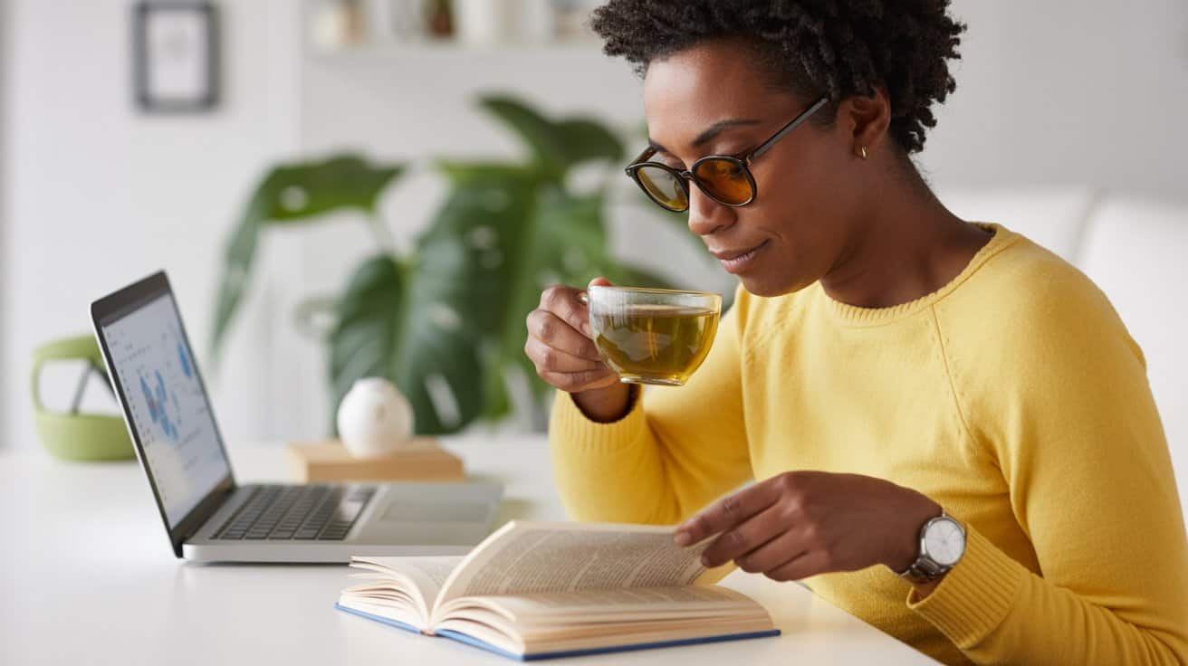 Person enjoying green tea while reading or studying, showing brain health benefits of green tea