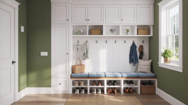 Built-in mudroom bench with closed shoe storage cabinets and a cushioned seat in a bright cottage-style entryway