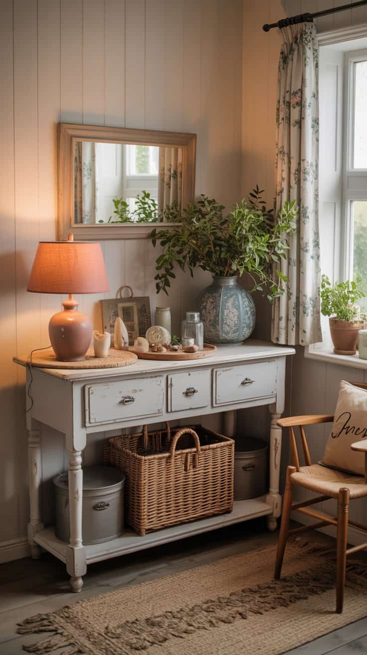 Charming imperfections in cottagecore home decor with slightly worn furniture and handmade items creating authentic character