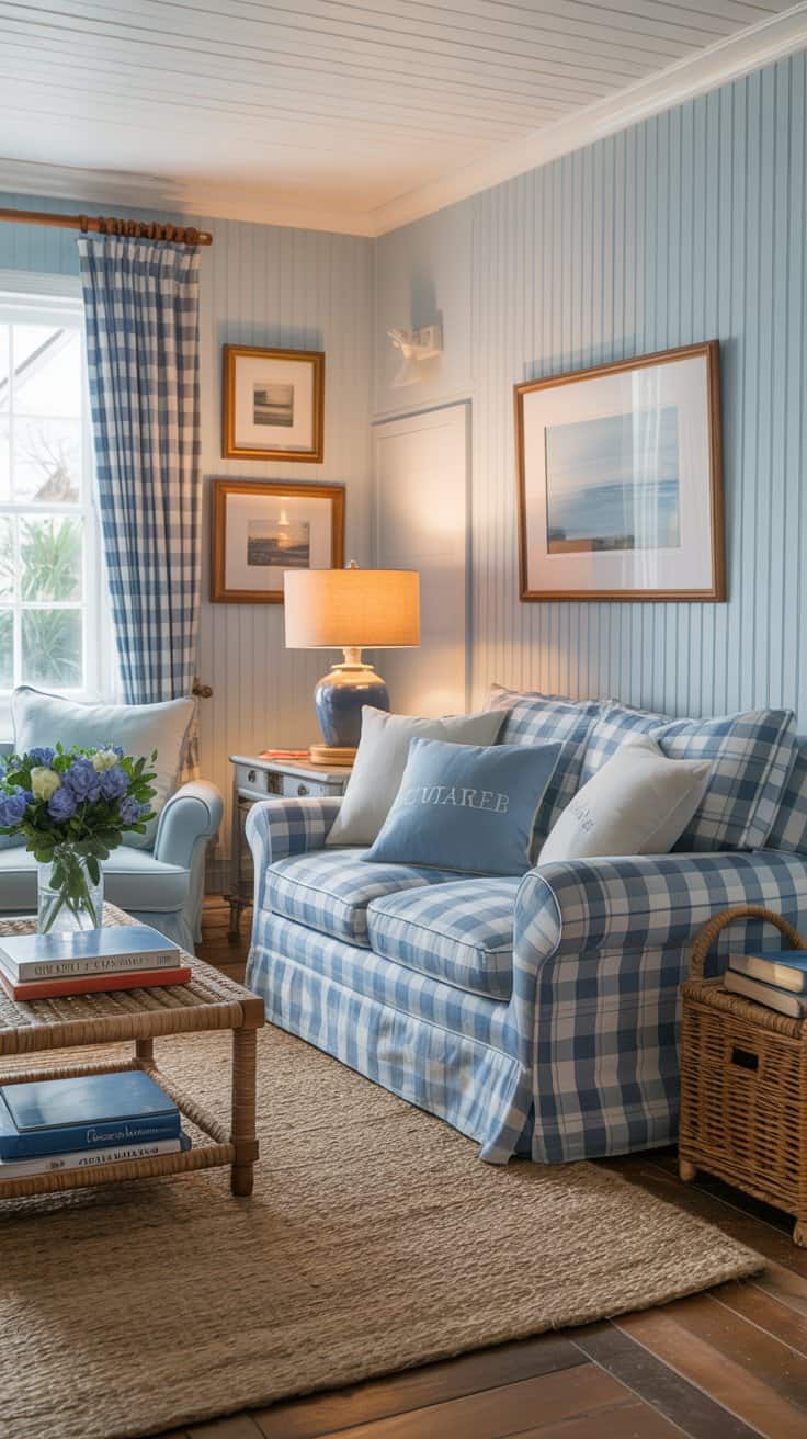 Cozy coastal living room with blue and white plaid sofa, matching pillows, jute rug, checkered curtains, coastal wall art, blue ceramic lamp, woven coffee table with hydrangeas, and light-filled nautical decor.