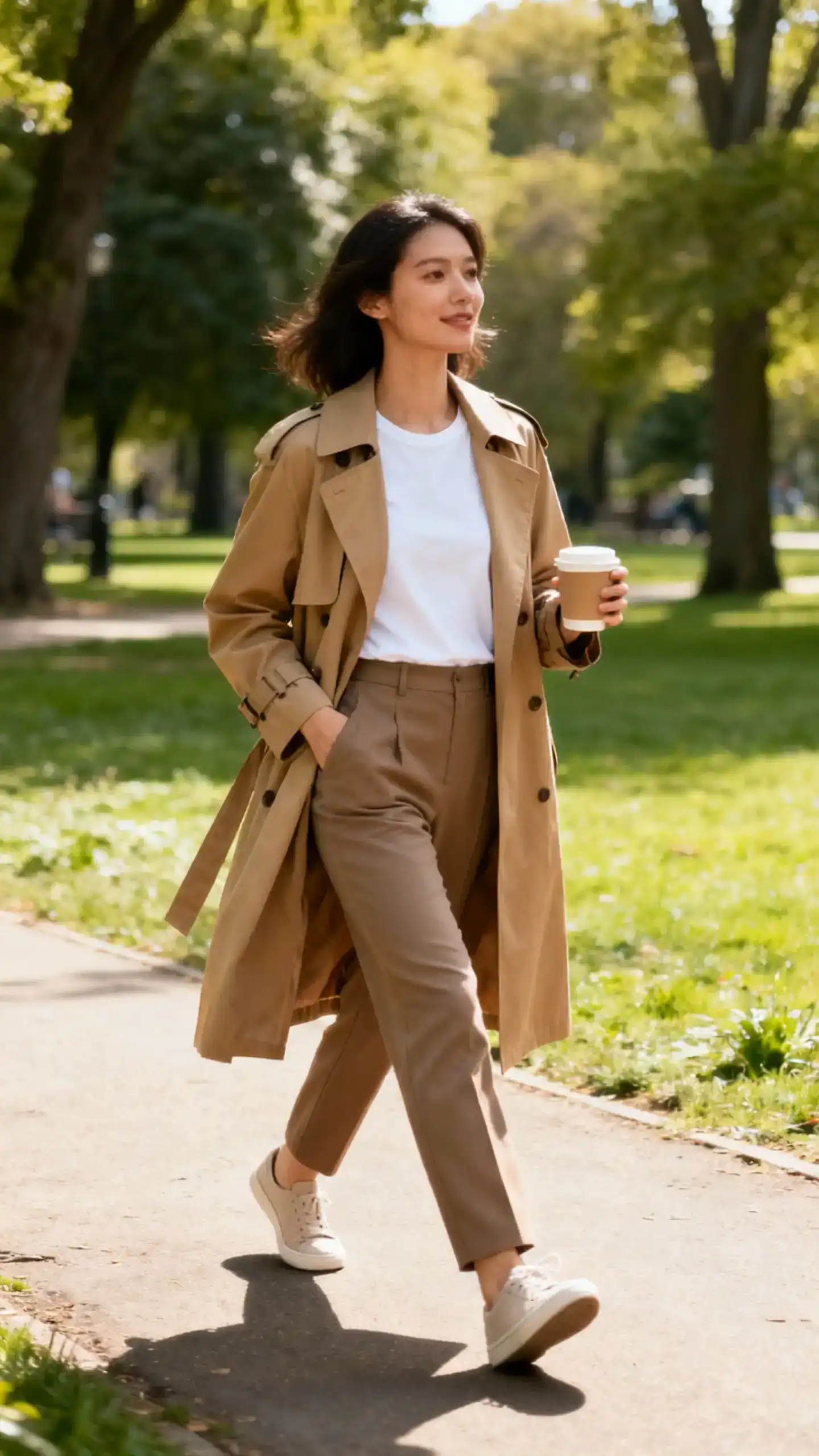 A woman in a classic tan trench over a white tee with tailored trousers and minimalist sneakers, crossing a park path with coffee in hand, casual iPhone photo style, sunny day, outdoor setting.