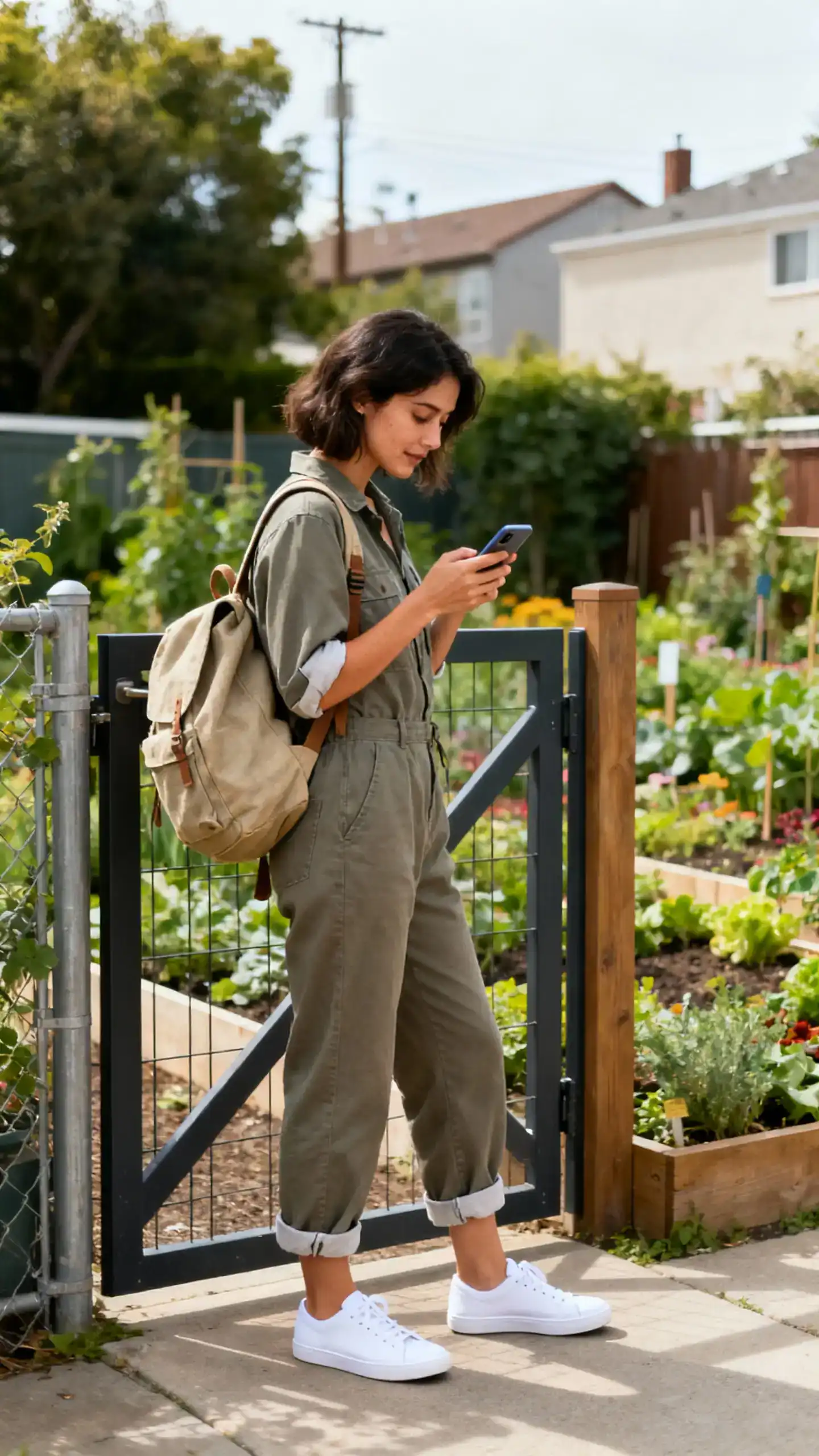 A woman in a utility jumpsuit with rolled sleeves, white low-top sneakers, and a canvas backpack, checking her phone near a community garden gate, casual iPhone photo style, natural daylight, outdoor setting.
