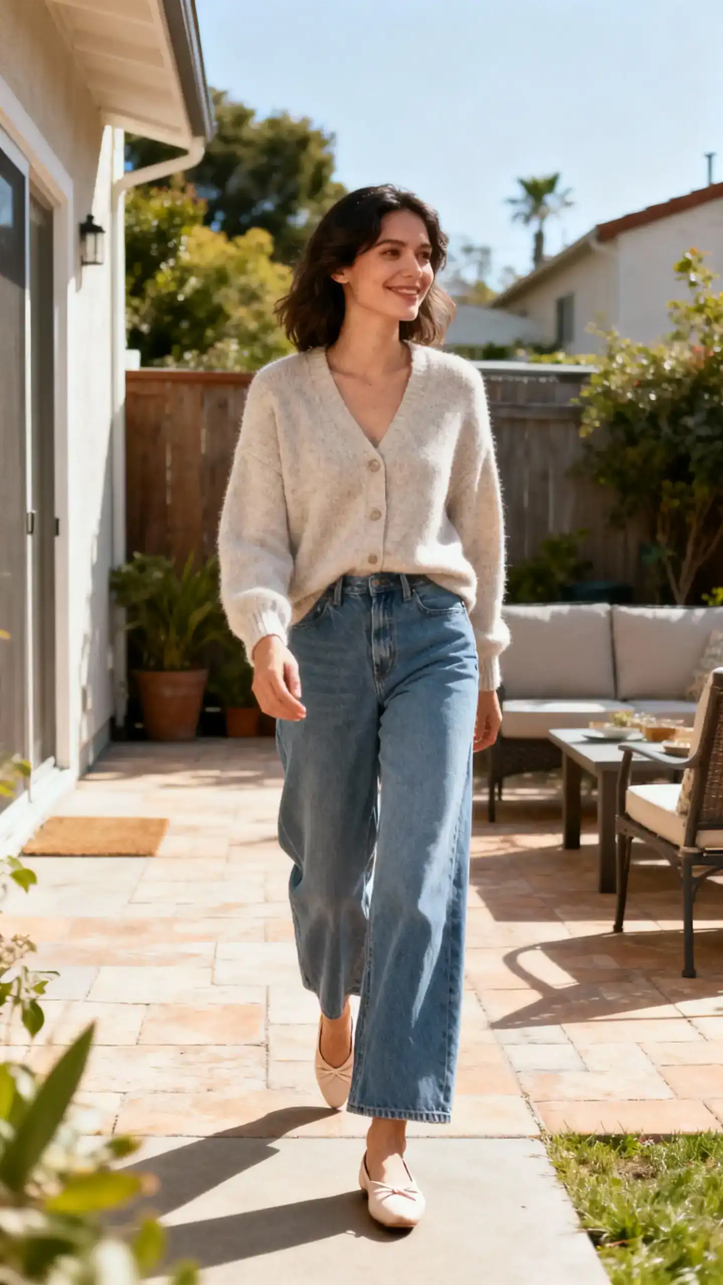 A woman wearing a soft cardigan with wide-leg jeans and ballet flats, strolling along a backyard patio with a subtle smile, casual iPhone photo style, sunny day, outdoor setting.