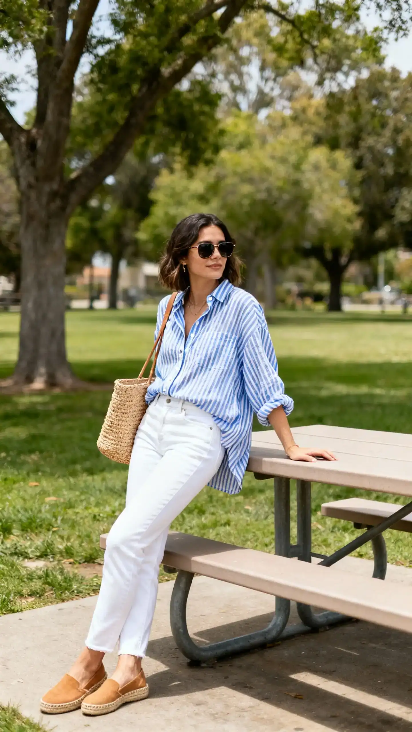 A woman wearing white jeans with a breezy blue-and-white striped button-down, tan espadrilles, straw tote, and sunglasses, leaning on a park picnic table, casual iPhone photo style, natural daylight, outdoor setting.