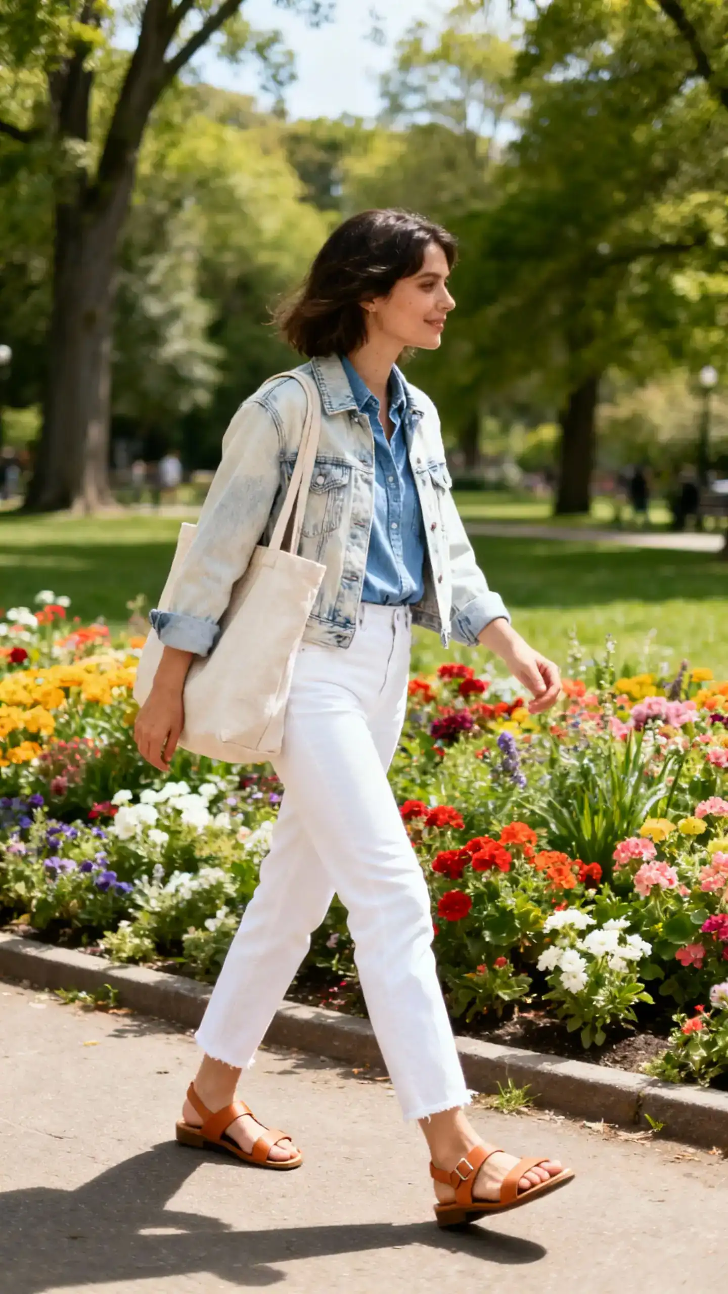 A woman wearing white jeans with a light-wash denim jacket and chambray shirt, tan sandals, and a canvas tote, walking past a park flower bed, casual iPhone photo style, sunny day, outdoor setting.
