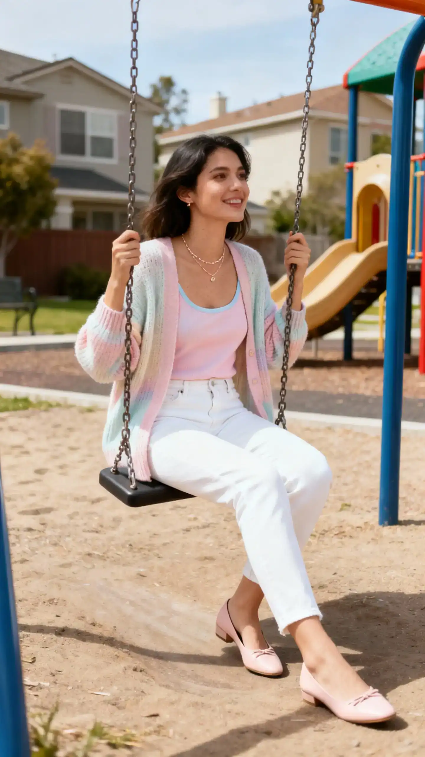 A woman wearing white jeans with a soft pastel sweater set (light cardigan over a pastel tank), pastel flats, and delicate jewelry, sitting on a swing at a neighborhood playground, casual iPhone photo style, natural daylight, outdoor setting.