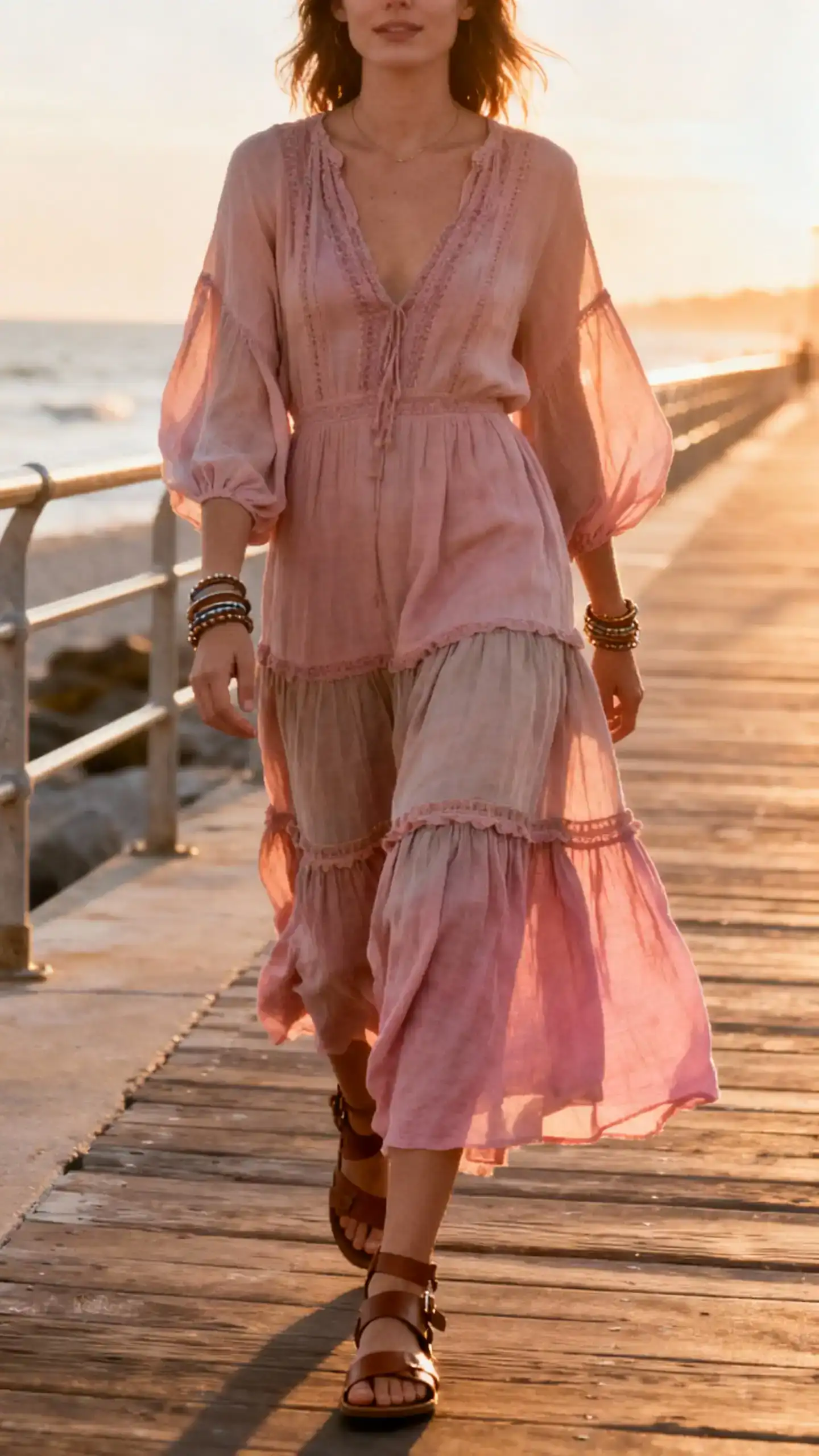 Candid photo of a woman in a boho maxi dress with flowy sleeves and a tiered skirt, leather sandals and layered bracelets, strolling along a coastal boardwalk, face slightly blurred, sunset glow, iPhone aesthetic.