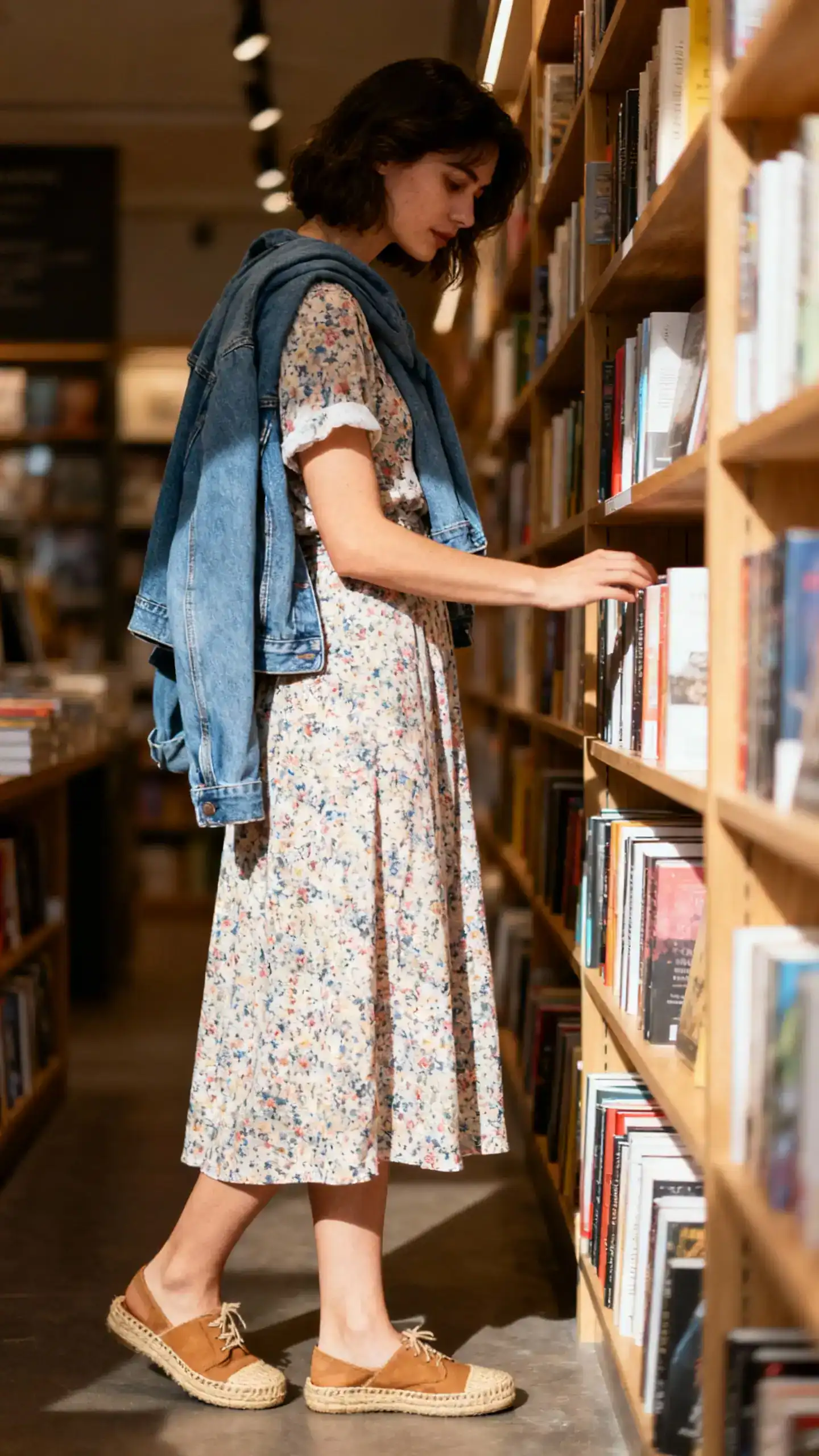 Candid photo of a woman in a casual floral dress with short sleeves and a relaxed fit, denim jacket over shoulders and espadrilles, browsing a bookstore aisle, face in shadow, warm ambient light, iPhone aesthetic.