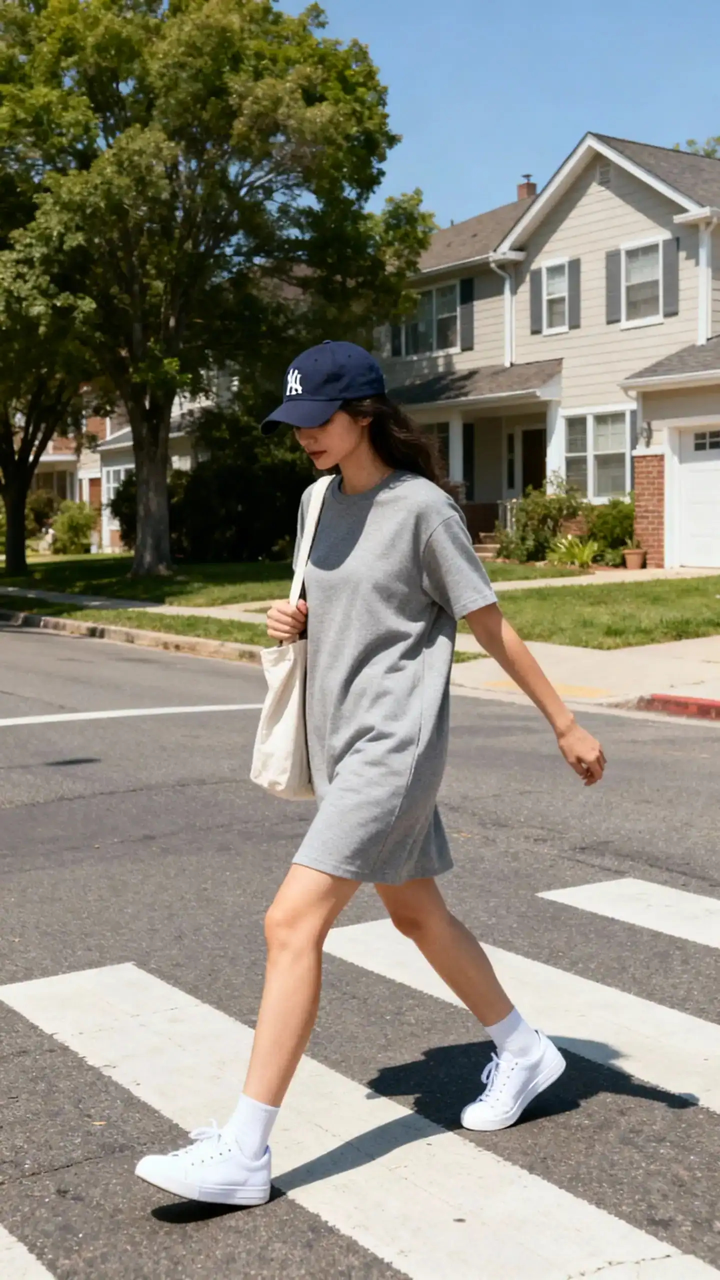 Candid photo of a woman in a cotton T-shirt dress with a baseball cap and white low-top sneakers, tote bag over shoulder, crossing a residential street, face in shadow, natural daylight, casual iPhone aesthetic.