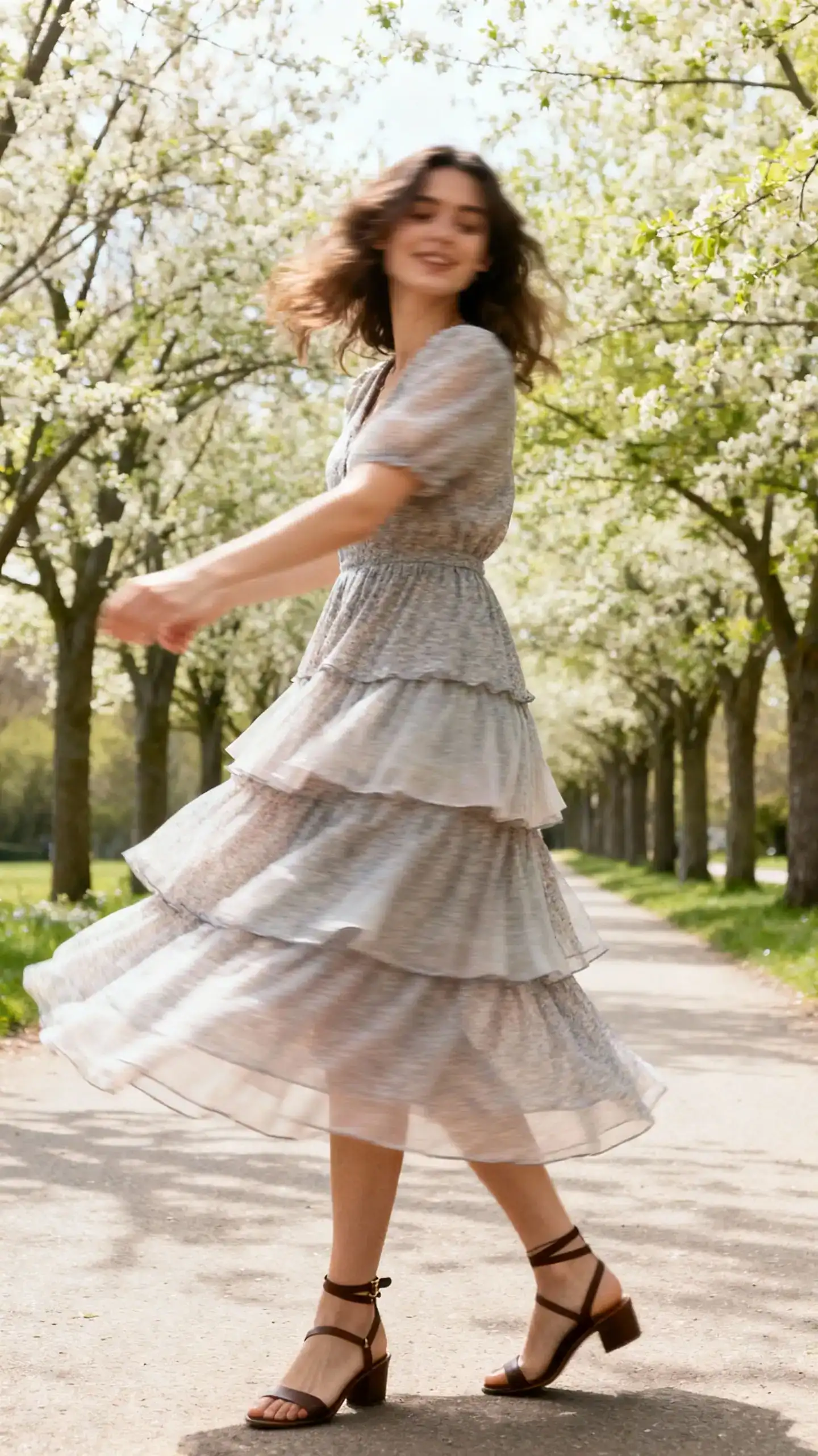 Candid photo of a woman in a tiered midi dress with airy layers and ankle-strap flats, twirling on a tree-lined path, face slightly blurred in motion, soft spring daylight, casual iPhone aesthetic.