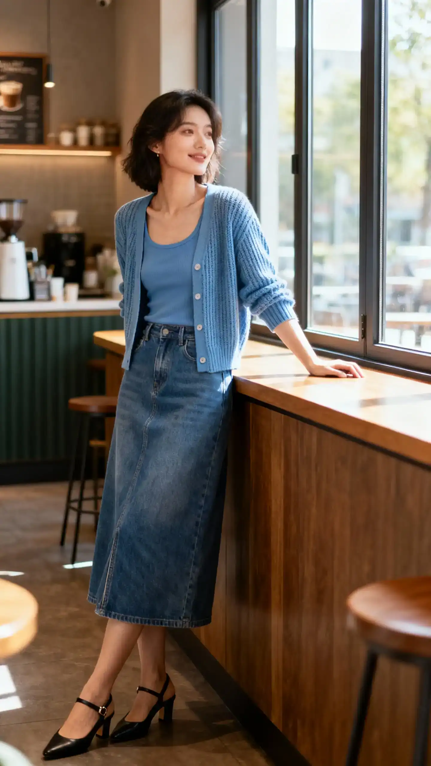 Casual lifestyle photo of a woman in a denim midi skirt with a matching fine-knit cardigan set (cardi worn open over a fitted tank) and slingback flats, leaning on a cafe counter, face slightly blurred, warm window light, iPhone photo quality.