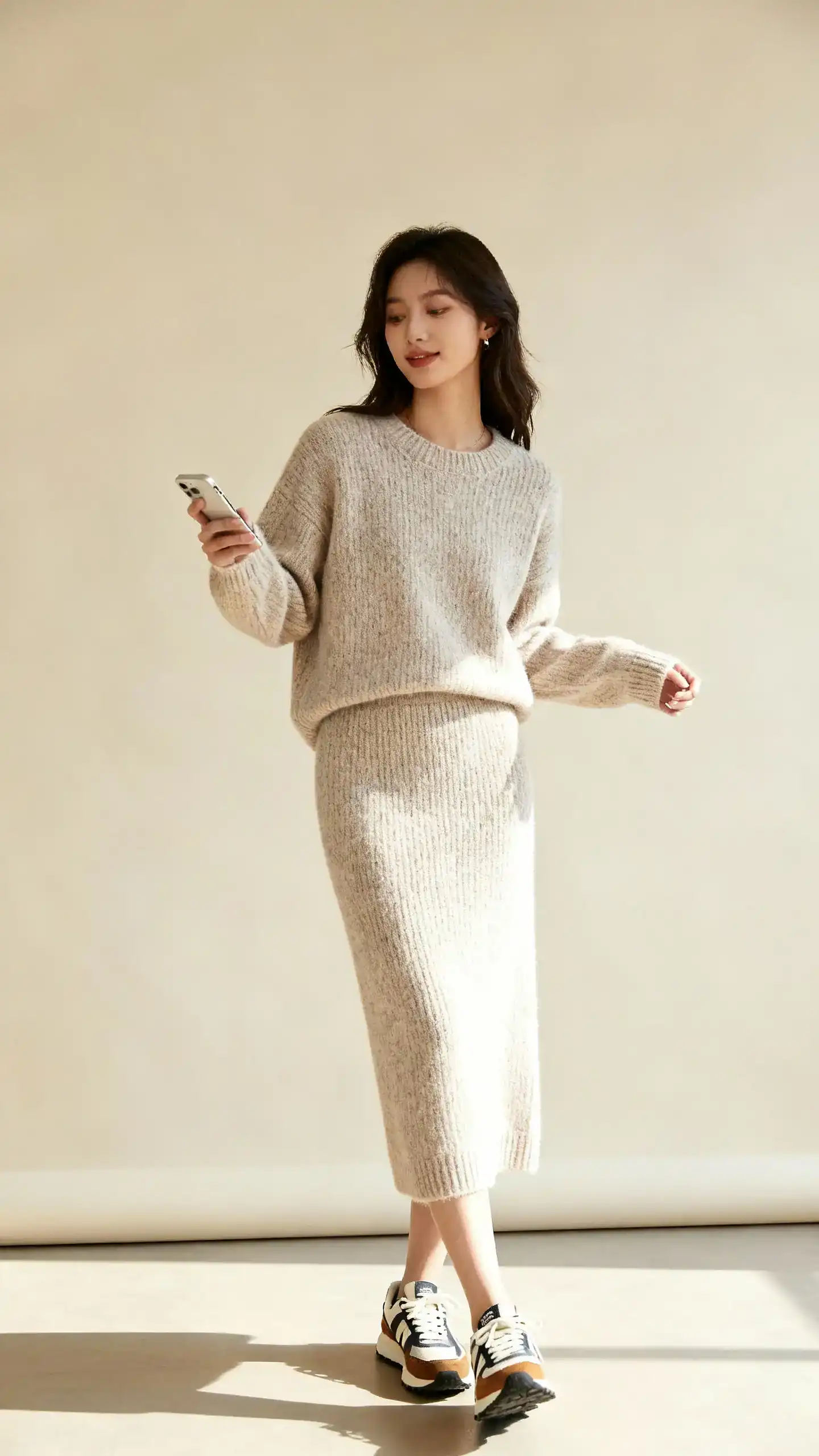Clean studio shot of a woman wearing a soft knit matching set (sweater and knit skirt) with retro trainers, cream background, soft studio lighting, relaxed natural pose, minimal styling, high quality.