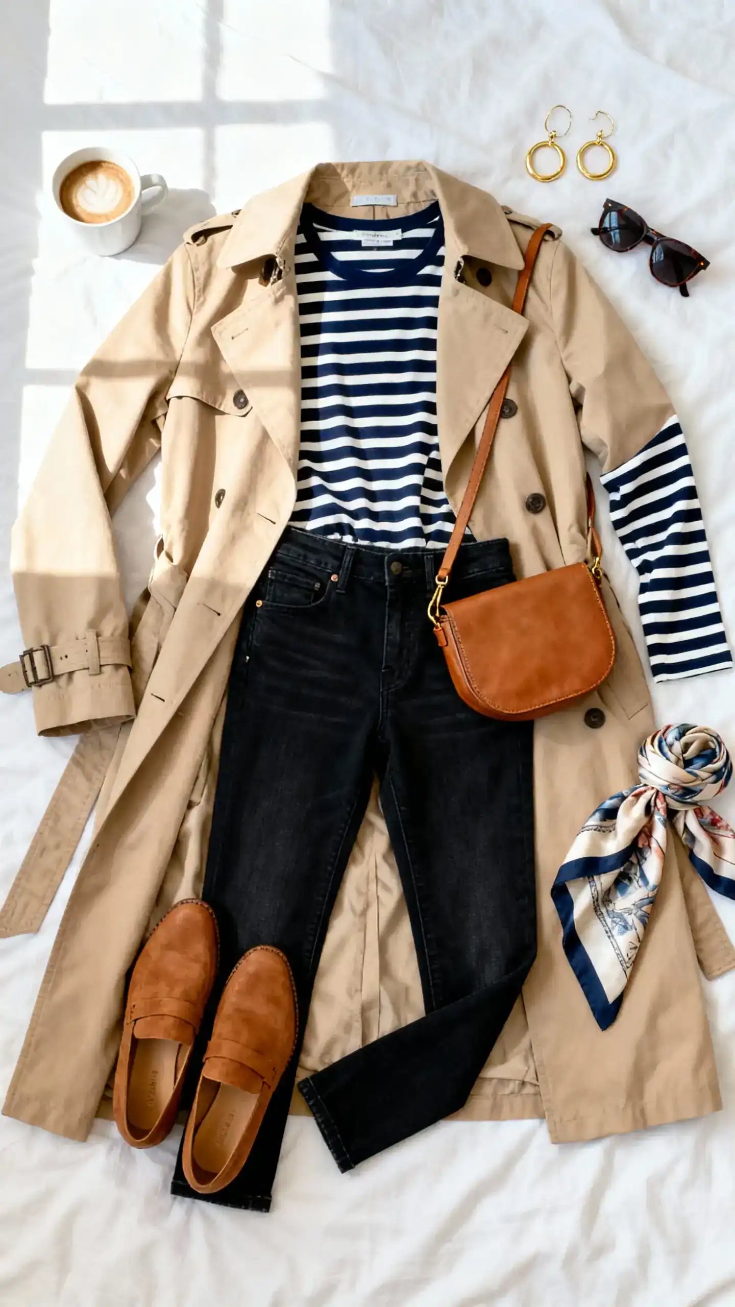 Flat lay overhead view of a classic beige trench coat, navy-and-white Breton striped long-sleeve tee, dark slim jeans, tan loafers, camel leather crossbody, silk scarf, and gold hoop earrings arranged on a white bedspread; add a cappuccino cup and sunglasses, bright natural window light, no person visible, organized composition, iPhone photo aesthetic.