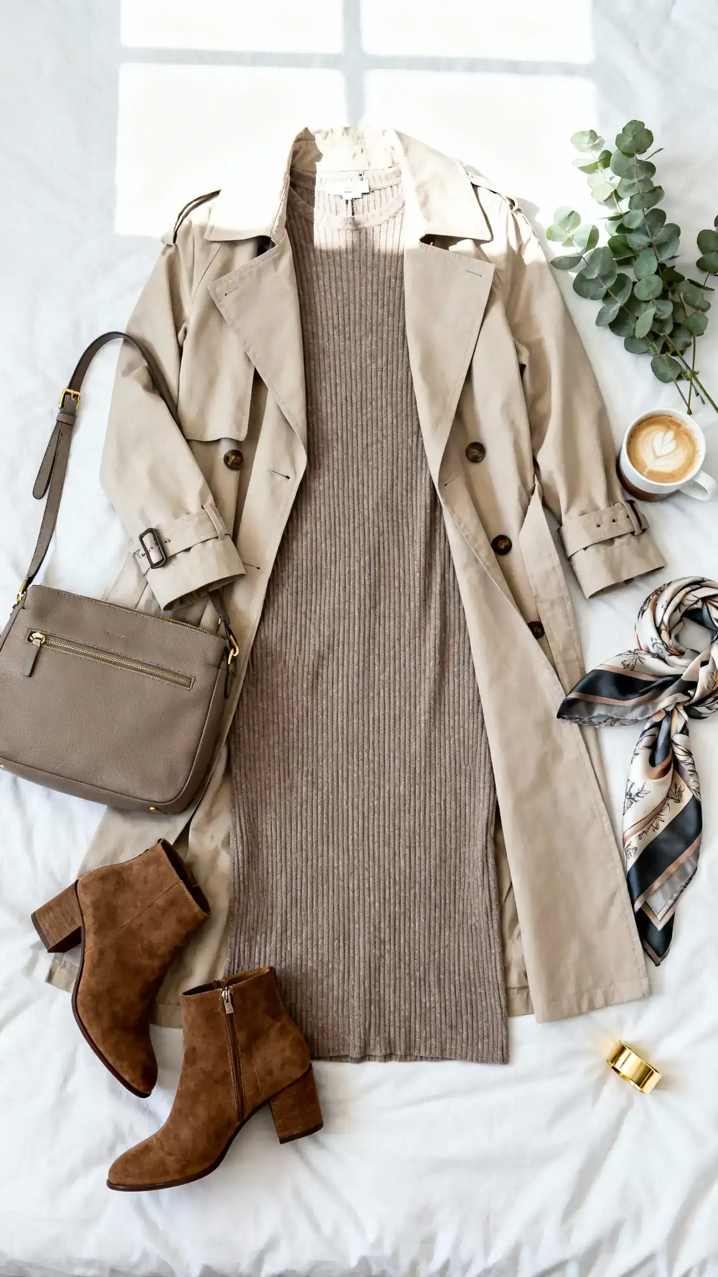 Flat lay overhead view of a lightweight trench layered over a ribbed knit midi dress (taupe), suede ankle boots, structured shoulder bag, silk scarf, and a gold cuff on a white bed; add a cappuccino and fresh eucalyptus, bright natural window light, no person visible, organized composition, iPhone photo aesthetic.