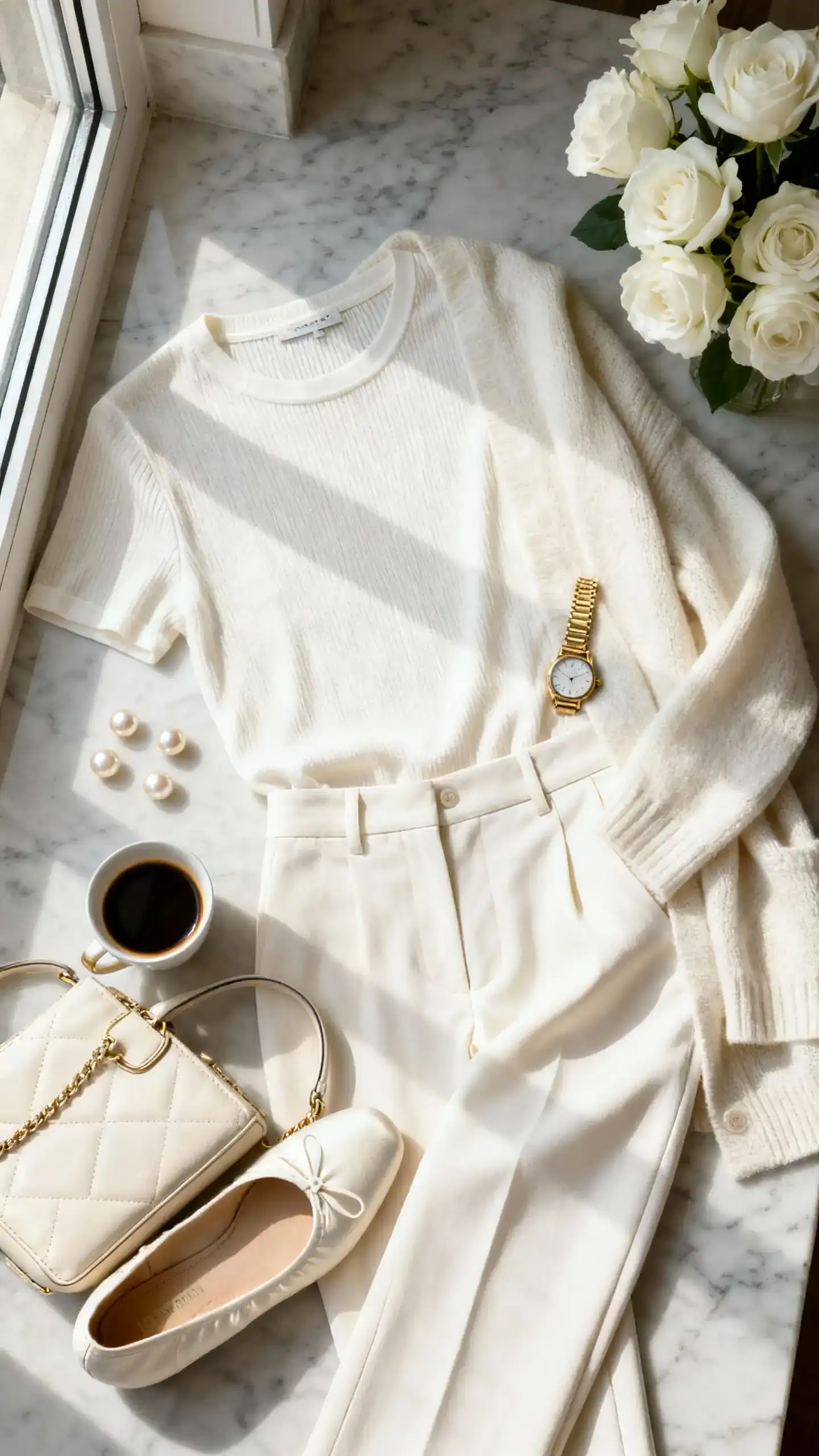 Flat lay overhead view of a monochrome cream set: cream knit tee, cream tailored trousers, cream cardigan draped, ivory ballet flats, structured cream handbag, pearl studs, and a gold watch on a marble countertop; add white roses and an espresso, bright natural window light, no person visible, organized composition, iPhone photo aesthetic.