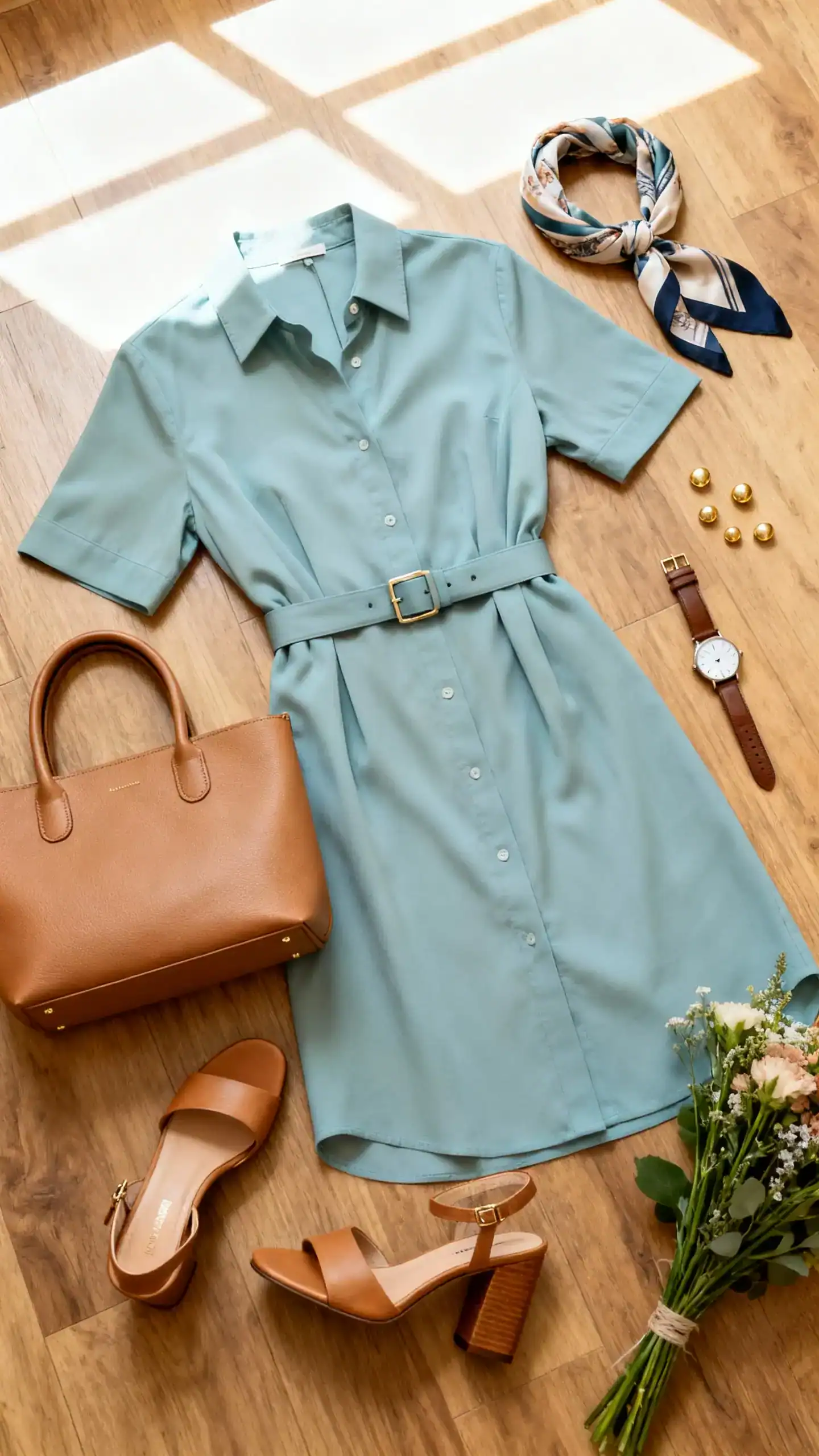 Flat lay overhead view of a tailored shirt dress with a waist belt (soft sage or sky blue), tan block-heel sandals, structured tan top-handle bag, silk neck scarf, and understated gold studs on a wooden floor; add a watch and a small bouquet, bright natural window light, no person visible, organized composition, iPhone photo aesthetic.