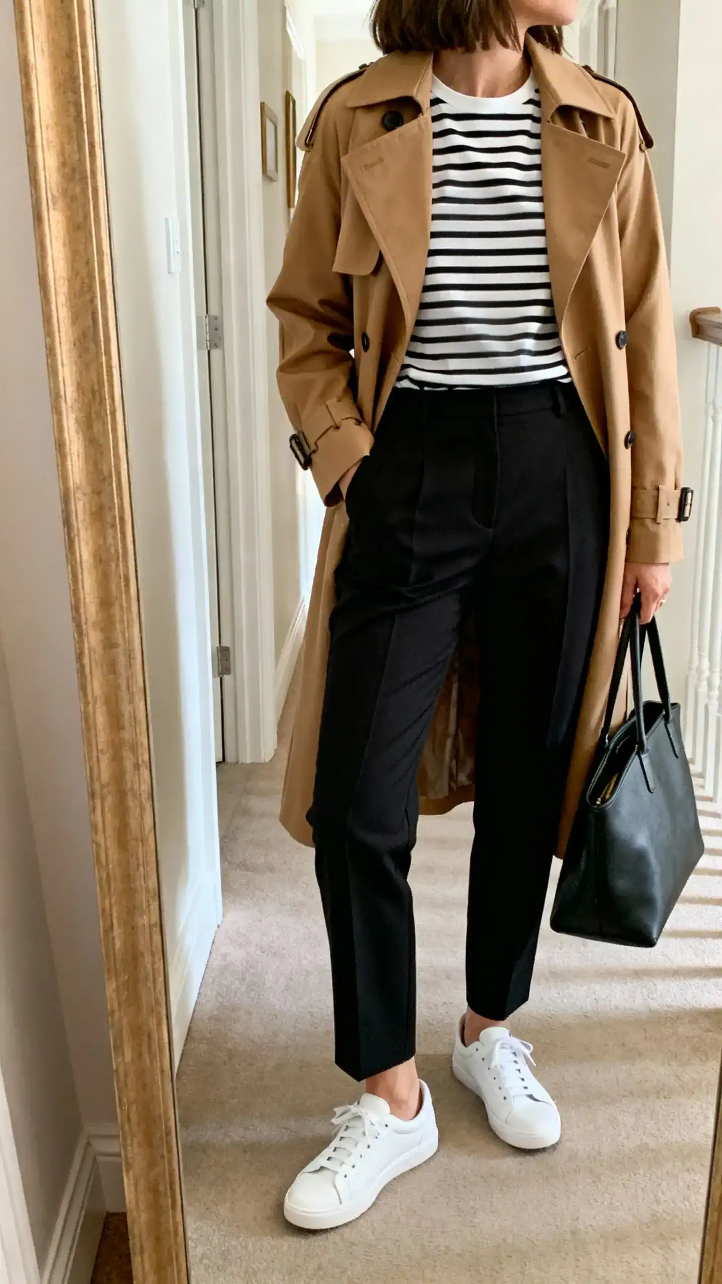 iPhone back view of a woman wearing a camel trench coat over a black-and-white striped tee with tailored black trousers, white low-top sneakers, structured tote, face not visible, hallway mirror, natural daylight, iPhone photo quality.