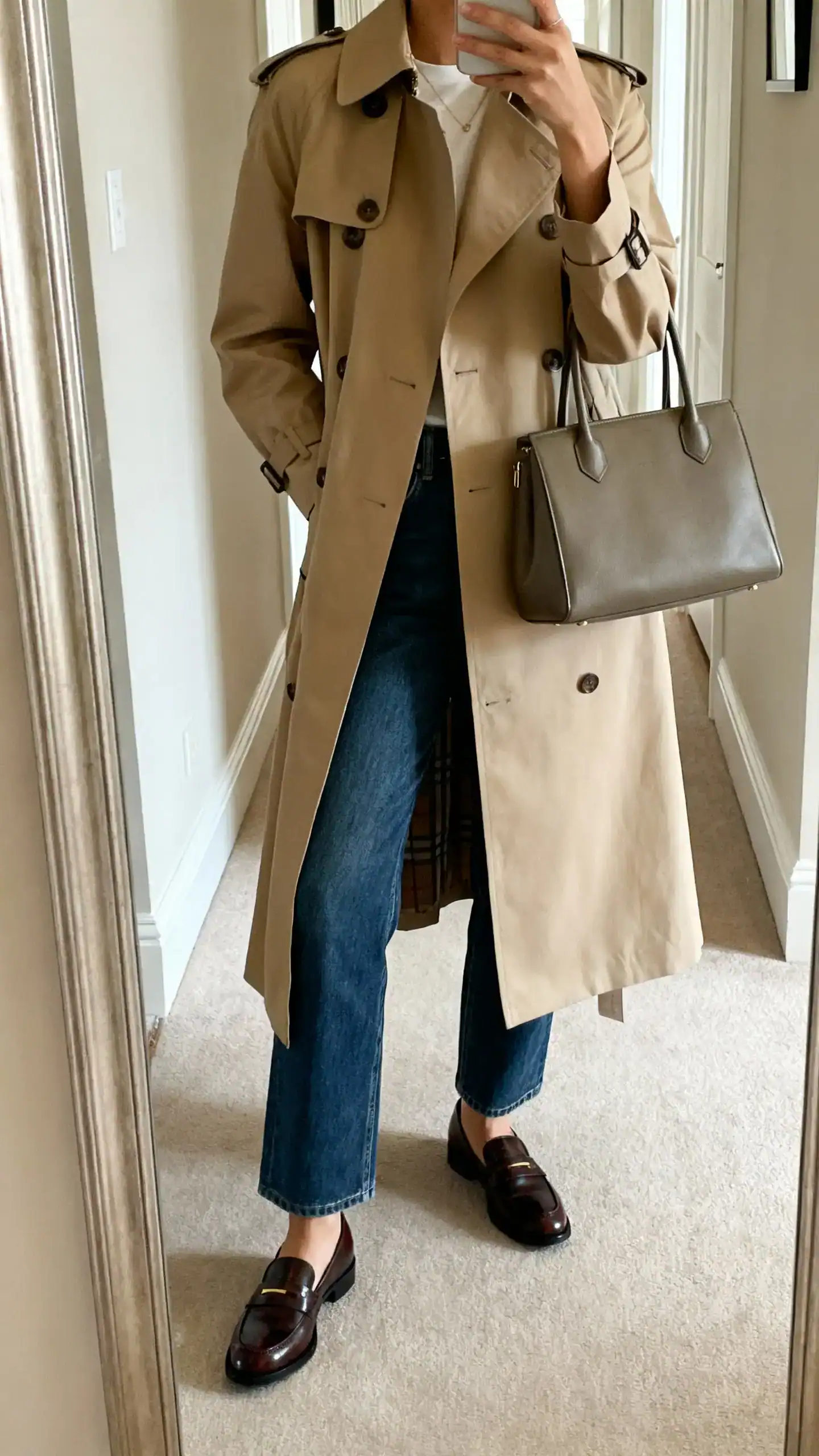 iPhone mirror selfie of a woman in a classic trench coat over straight-leg jeans with polished loafers and a structured tote, face not visible, cropped at shoulders, hallway full-length mirror, natural daylight, iPhone photo quality.