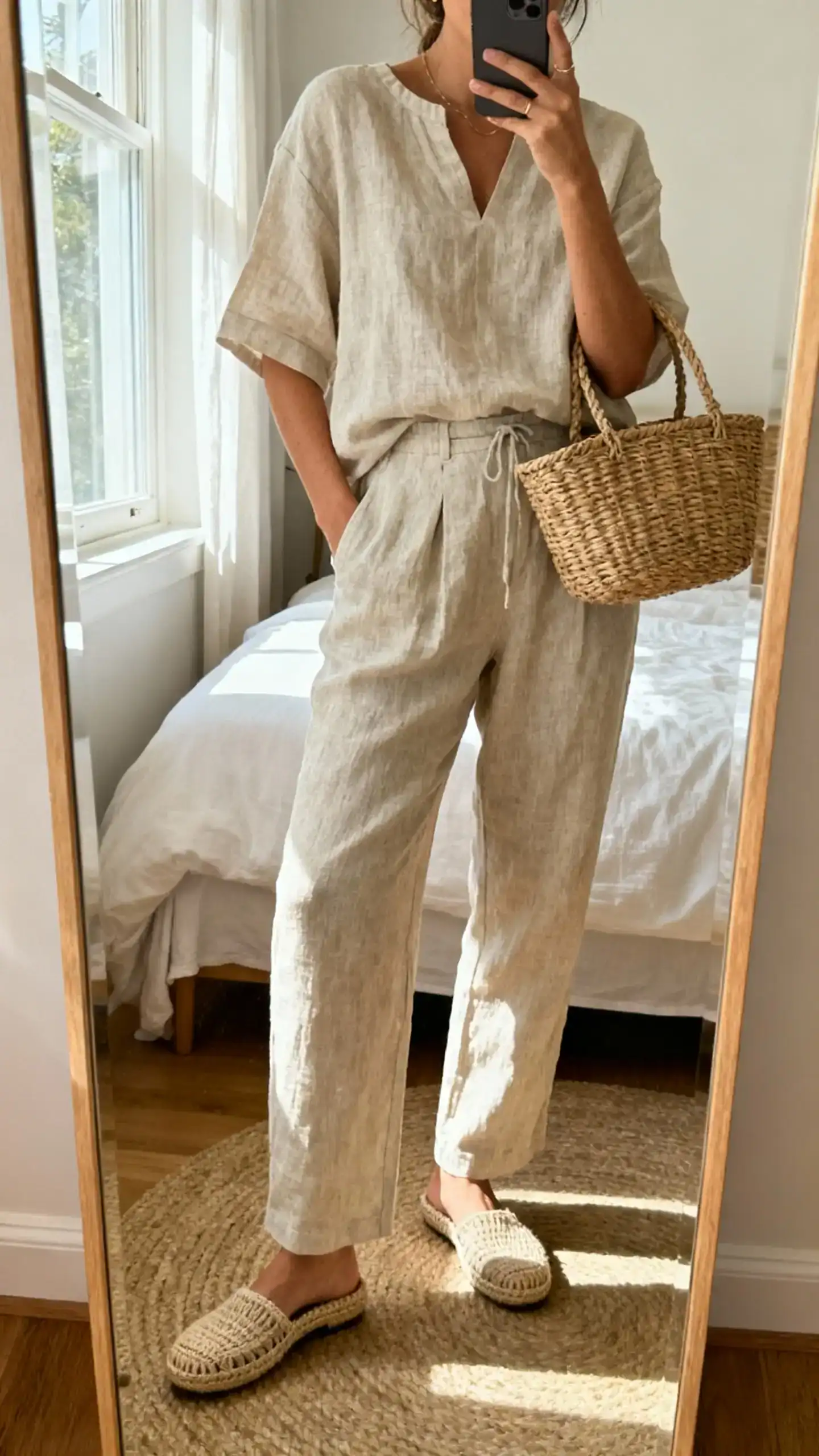 iPhone mirror selfie of a woman in a linen set (matching top and trousers) with espadrilles and a basket bag, face not visible, bedroom full-length mirror, morning window light, iPhone photo quality.