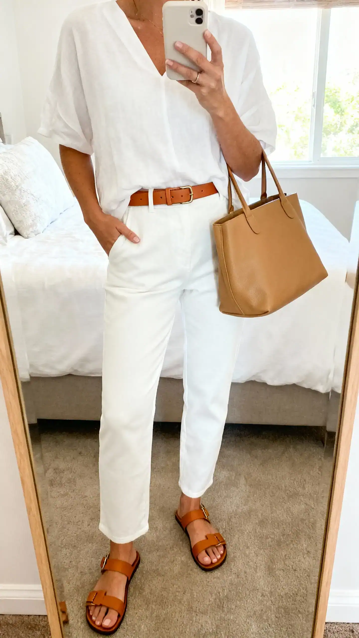 iPhone mirror selfie of a woman wearing an all-white outfit (white top and white trousers) with tan belt, tan sandals, and a tan tote, face not visible, bedroom mirror, bright window light, iPhone photo quality.