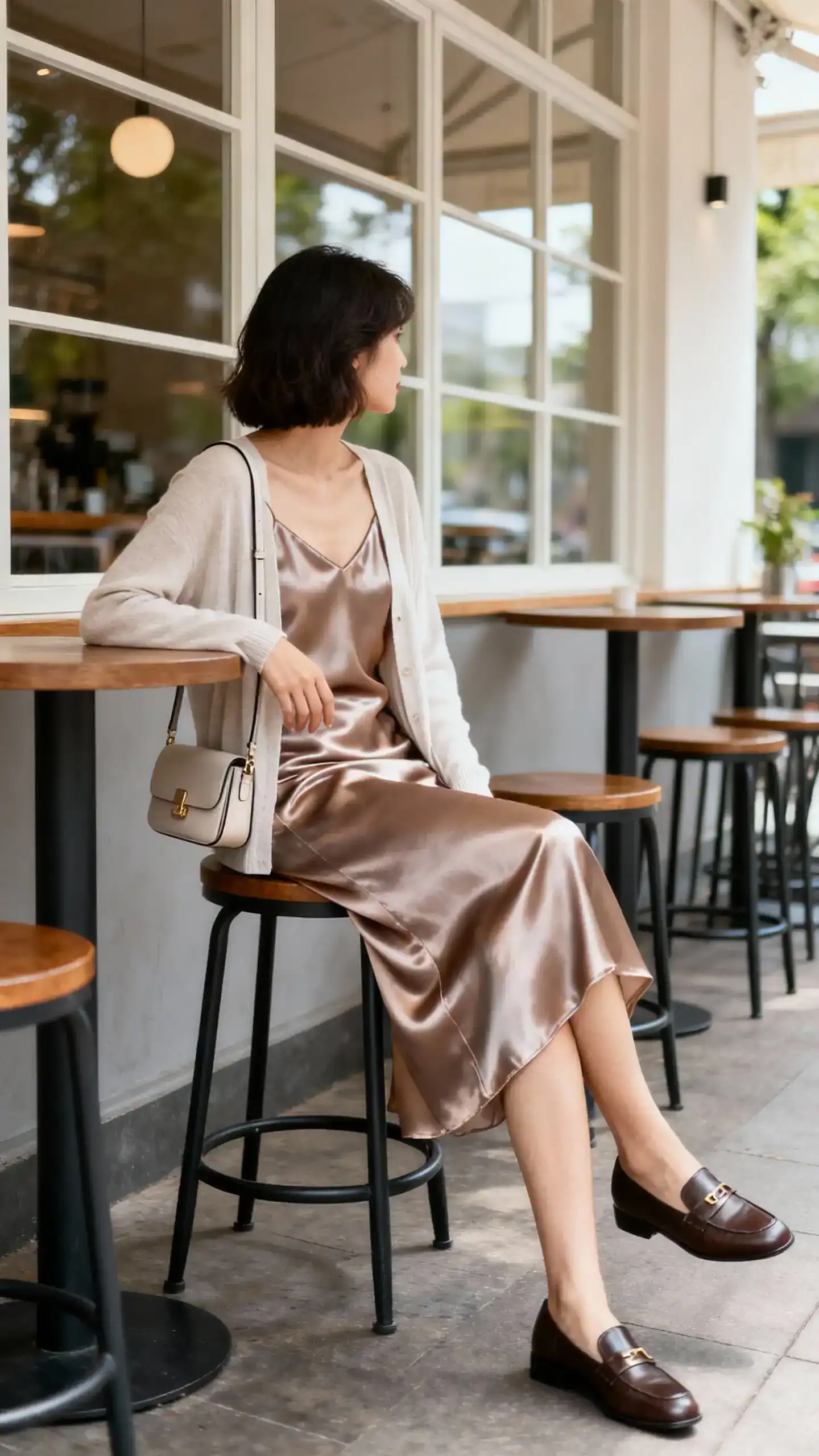 Natural lifestyle photo of a woman wearing a satin slip dress layered with a lightweight cardigan and loafers, small shoulder bag, sitting on cafe patio stool, face looking away, diffused window light, iPhone photo quality.
