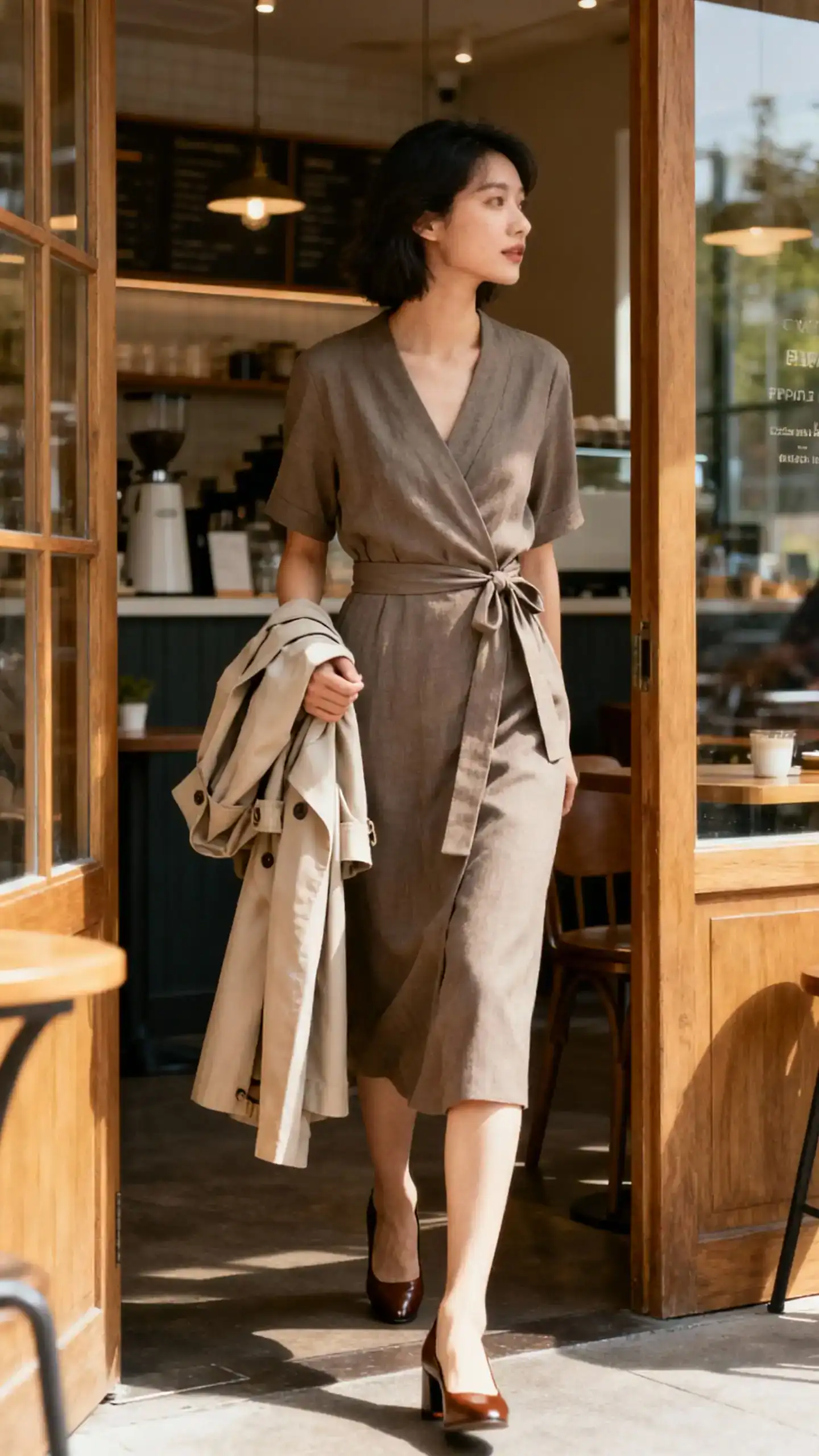 Natural lifestyle photo of a woman wearing a wrap dress with a tie waist and low block heels, lightweight trench draped over arm, stepping out of a cafe door, face looking away, warm window light, iPhone photo quality.
