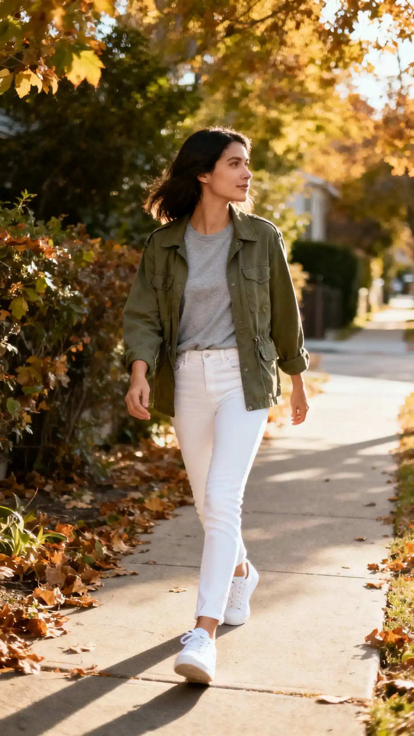 Natural photo of a woman wearing an olive utility jacket over a soft gray tee with slim white jeans and clean white sneakers, walking a leafy neighborhood sidewalk, face looking away, bright daylight, iPhone photo quality, candid.