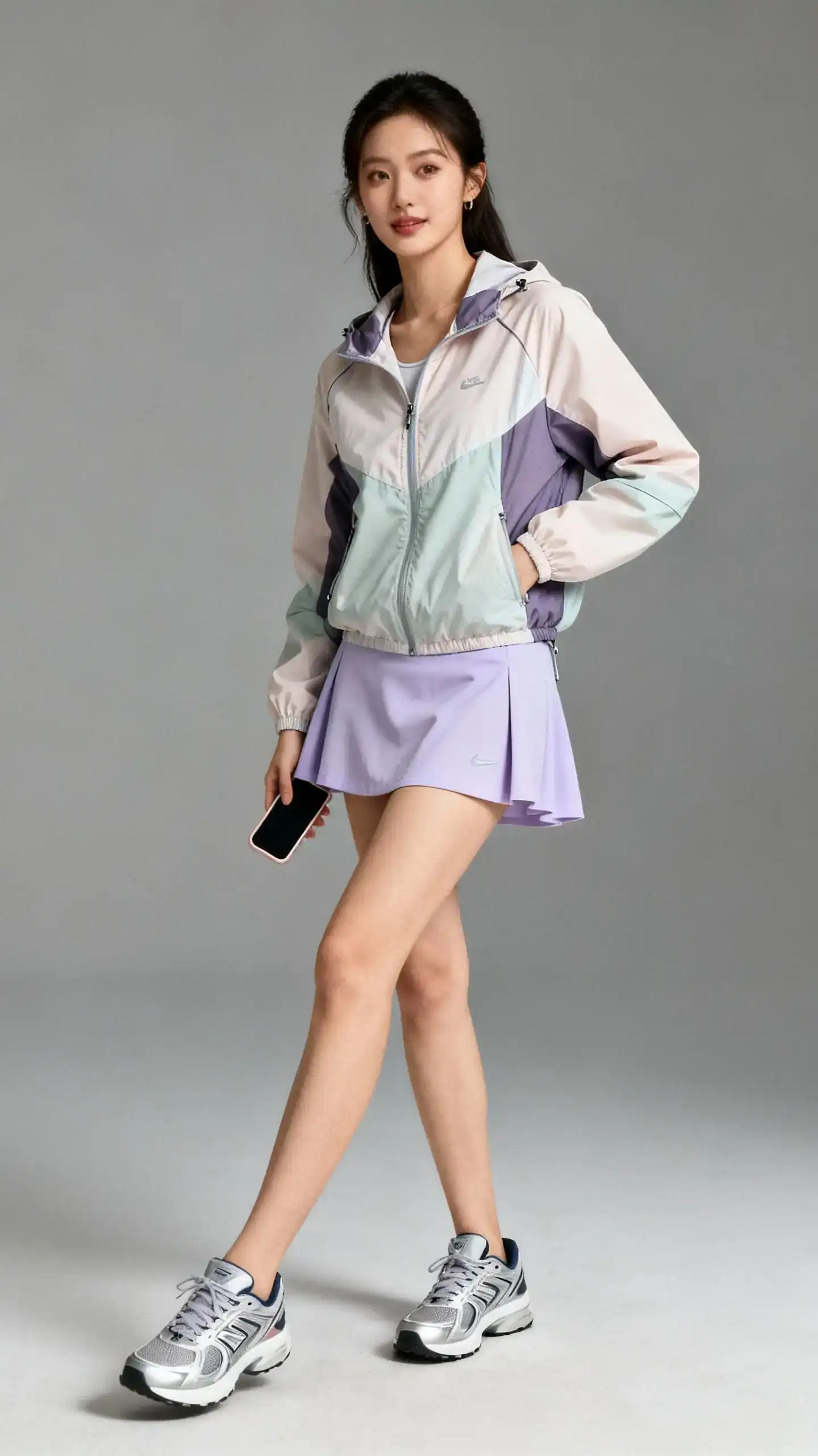 Professional studio photo of a woman in a sporty-chic skort with a lightweight windbreaker and sleek sneakers, gray background, soft studio lighting, casual athletic stance, clean composition, modern aesthetic.