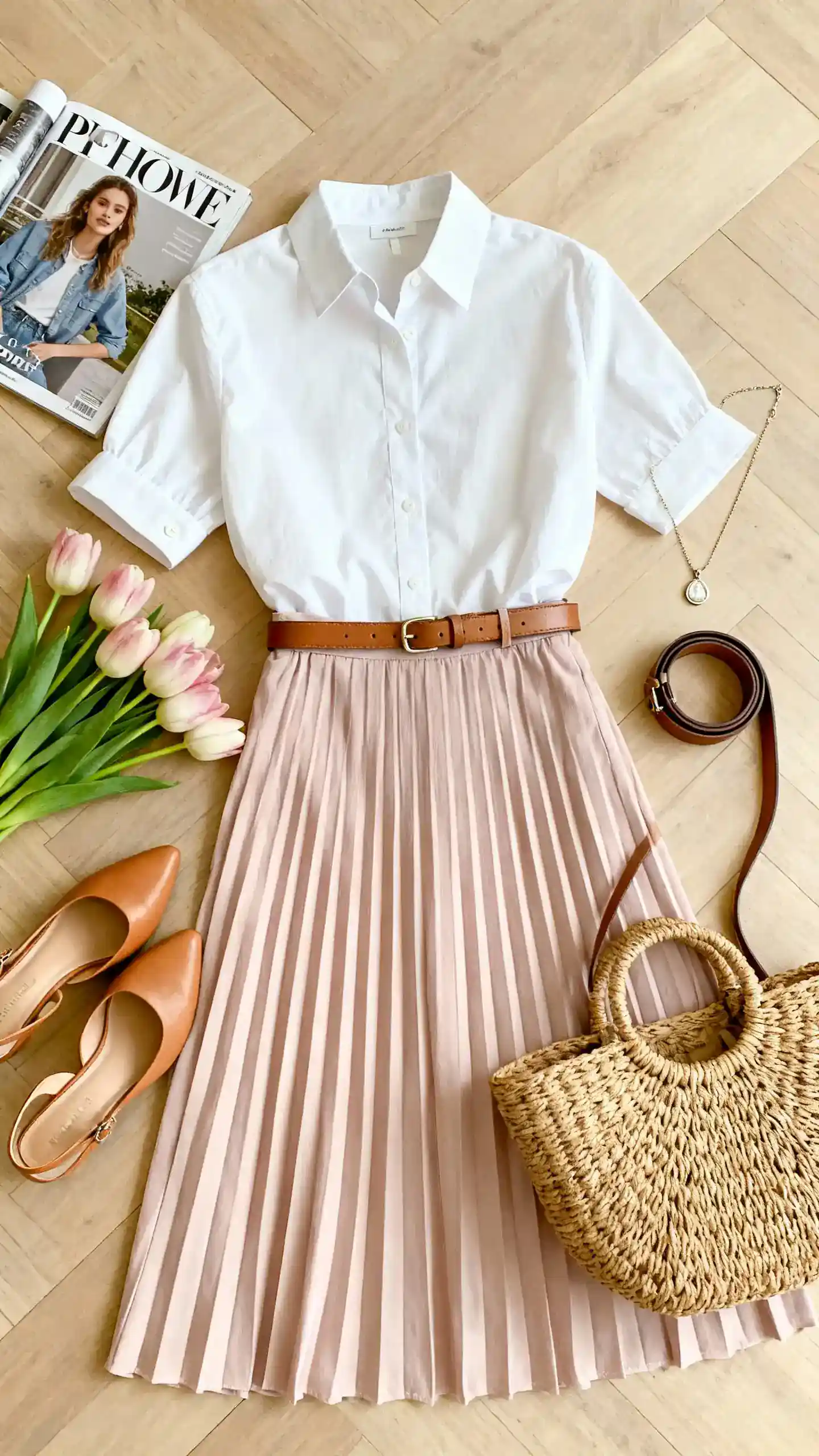 Top-down flat lay of a crisp tailored white button-up shirt, soft pastel pleated midi skirt, tan slingback heels, woven basket bag, delicate pendant necklace, and slim leather belt on a light wooden floor; add fresh tulips and a fashion magazine, bright natural light, no person visible, organized composition, iPhone photo aesthetic.