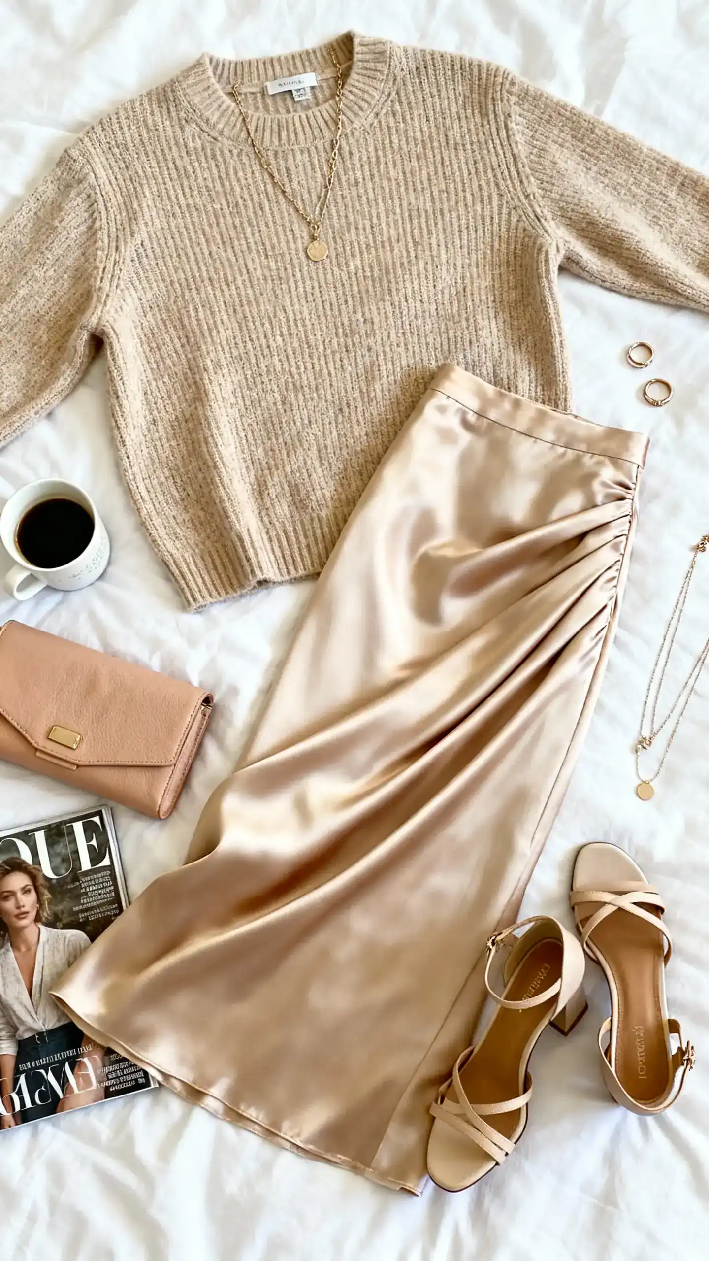 Top-down flat lay of a luxe fine-gauge knit sweater (beige) paired with a bias-cut silk midi skirt (champagne), strappy heeled sandals, soft leather clutch, layered delicate necklaces, and simple rings on a white bedspread; add a coffee cup and a glossy magazine, bright natural light, no person visible, organized composition, iPhone photo aesthetic.