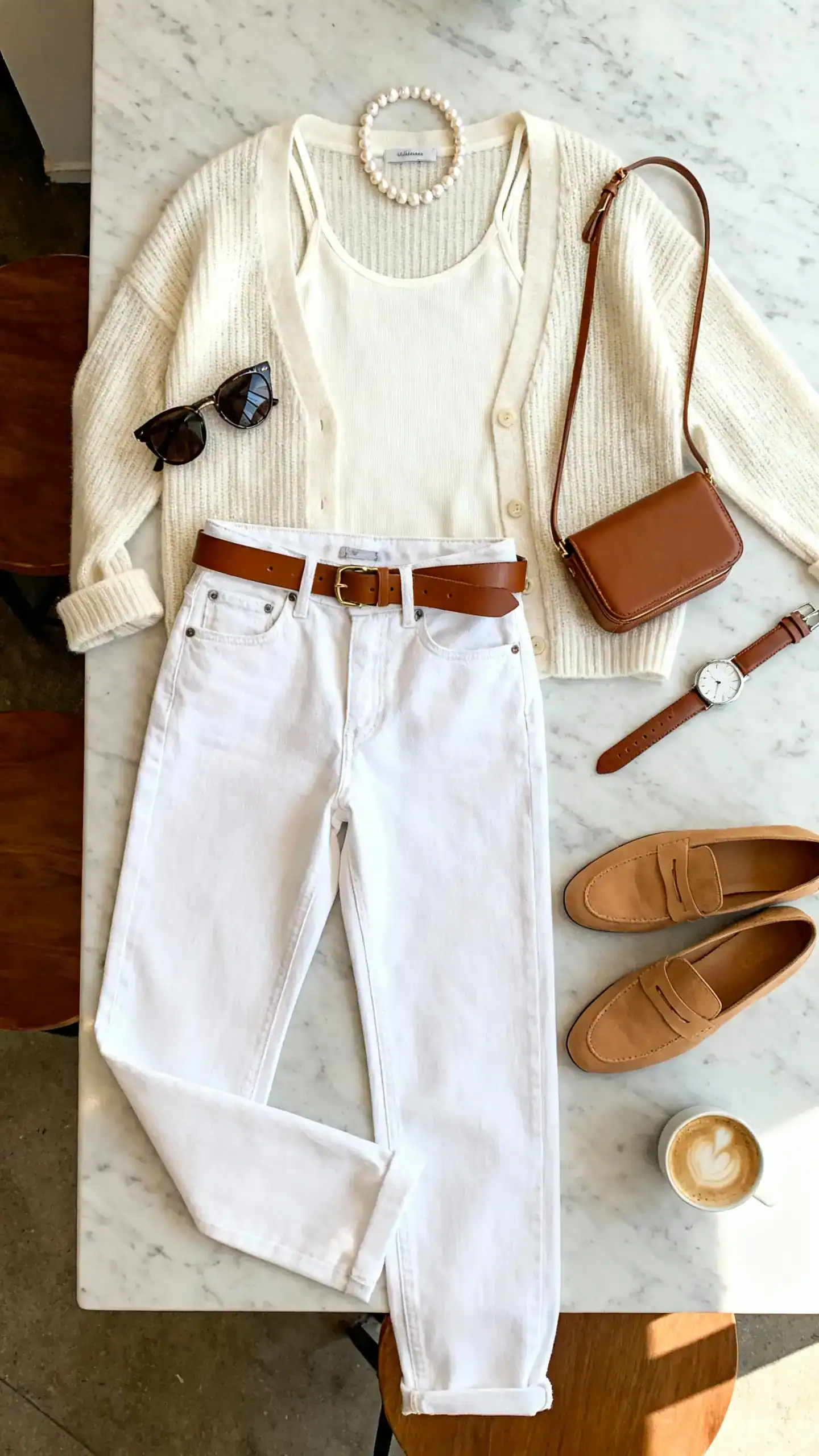 Top-down flat lay of white straight-leg denim, a matching cashmere cardigan set (cream camisole and cardigan), tan loafers, brown leather belt, compact crossbody, pearl necklace, and a watch on a marble countertop; add sunglasses and a small latte, bright natural light, no person visible, organized composition, iPhone photo aesthetic.