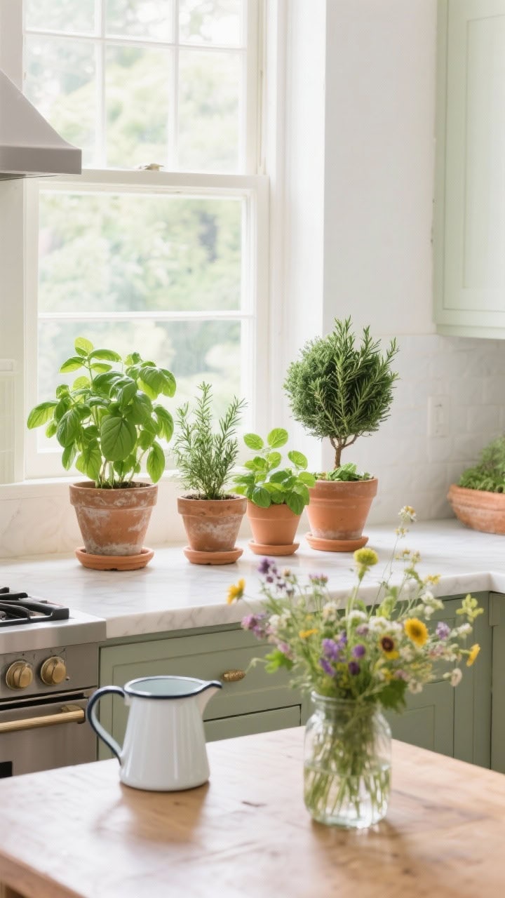 Bright medium shot of greenery in the kitchen: windowsill herb garden with basil, thyme, and mint in terra cotta pots; a small rosemary topiary on the counter; a vase of wildflowers on the table; enamel pitcher used as a planter; fresh, airy daylight streaming in for a lively mood