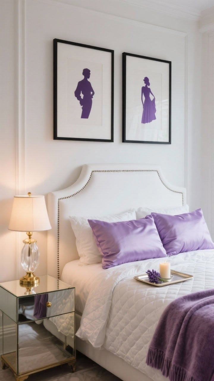 Closeup vignette, Old-Hollywood glam: creamy white wall with black-framed lavender silhouette prints above a white upholstered headboard with subtle piping; glass-and-brass bedside lamp casting warm glow; lavender satin pillowcases catching soft light, white quilted coverlet, plush lavender throw at foot edge; mirrored tray holding a lavender candle; romantic, cinematic, softly glamorous; photorealistic.