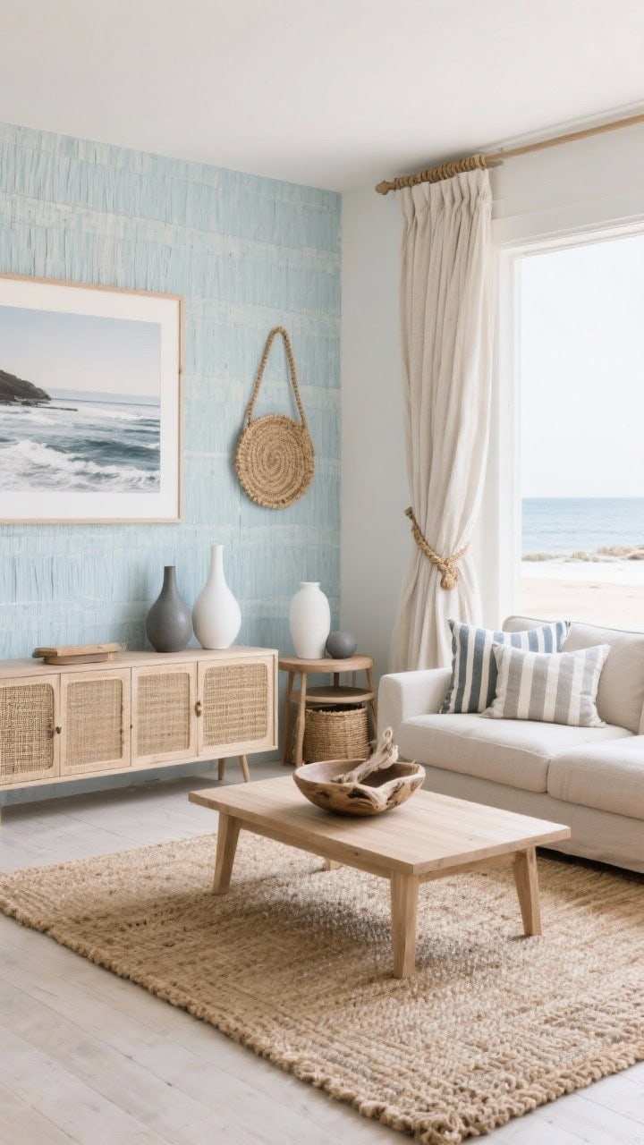 Corner-angle living room wide shot: Coastal calm living room in sand-and-sea tones with a linen sofa, light oak coffee table, and chunky jute rug. One pale blue accent wall (or seagrass-textured wallpaper panel) adds depth. Style with striped cushions, a driftwood bowl centerpiece, matte ceramic vases in white and slate on nesting side tables, and a low media console with cane doors. Add oversized seaside photography and woven baskets; rope-wrapped curtain tiebacks on airy curtains. Soft daylight, breezy beach-walk feel, photorealistic.