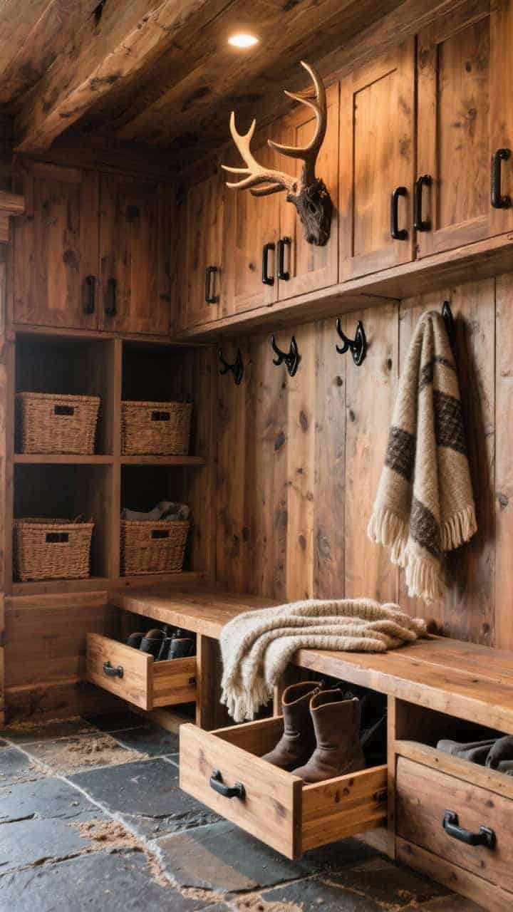 Corner angle, medium shot: rustic mountain cubby wall with stained walnut cabinets and thick open cubbies holding baskets; chunky matte black hardware; rugged slate (or textured porcelain) floors hiding dirt; under-bench pull-out drawers lined with cedar for boots (one slightly open); antler-style hooks above and a wool blanket draped over the bench; warm, lodge-like lighting.