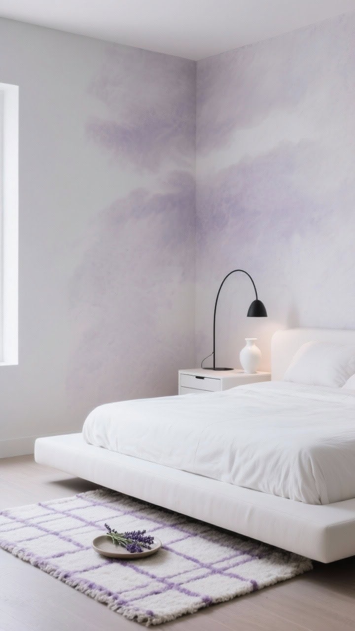 Corner angle, modern zen: limewashed misty lavender walls with soft cloudy texture, white upholstered low platform bed, floating white nightstands; lighting includes a white ceramic table lamp on one side and a single black metal arc lamp on the other; wool rug with faint lavender grid pattern under bed; small ceramic tray with lavender sprigs; matte white and charcoal accents; calm, earthy, mindful mood; photorealistic.