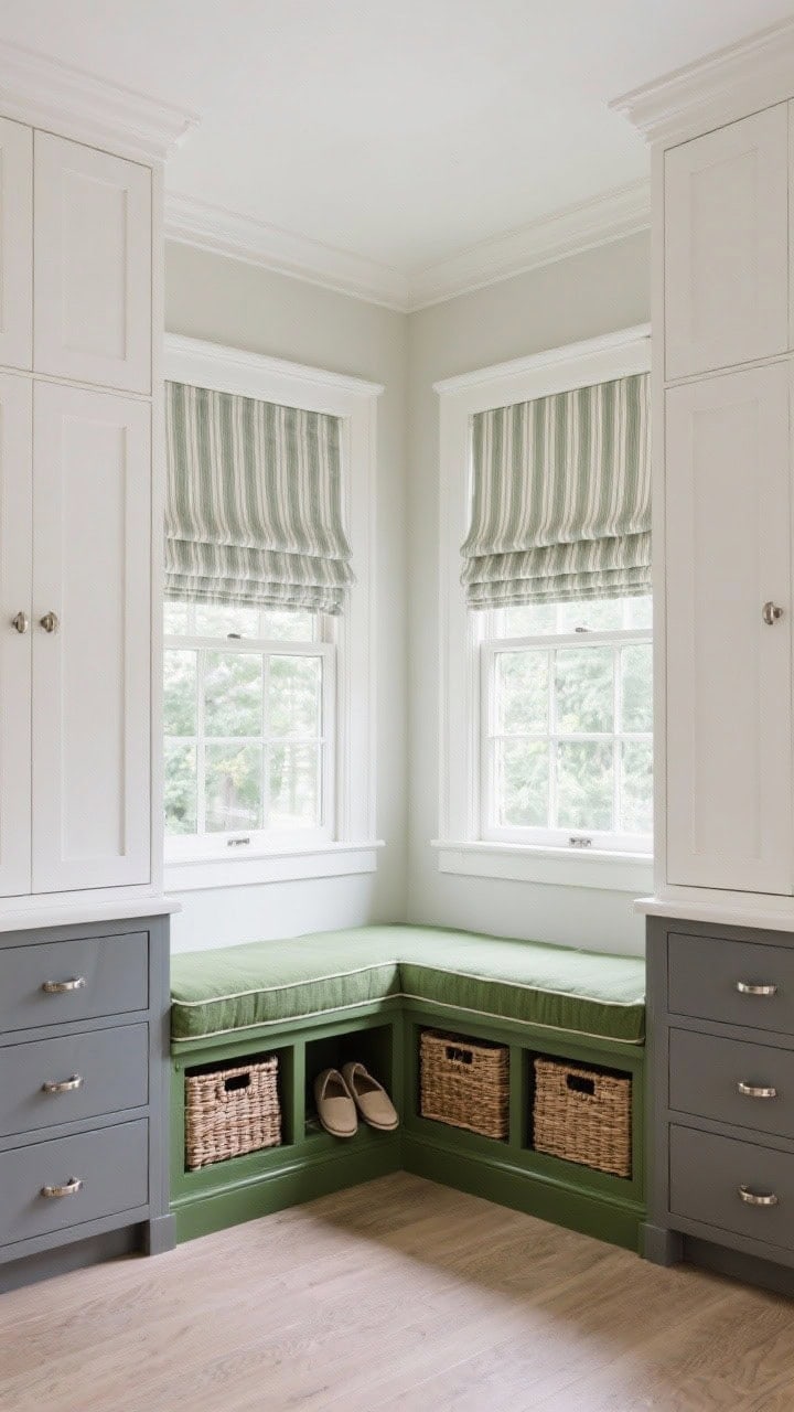 Corner angle, wide shot: two-tone transitional setup with a sunny window seat between tall towers; uppers in crisp white, lowers in rich moss green (or French gray); deep drawers under the window seat slightly open with slippers; cane baskets in the towers; polished nickel hardware; Roman shade in pinstripe filtering light; timeless, polished mood.