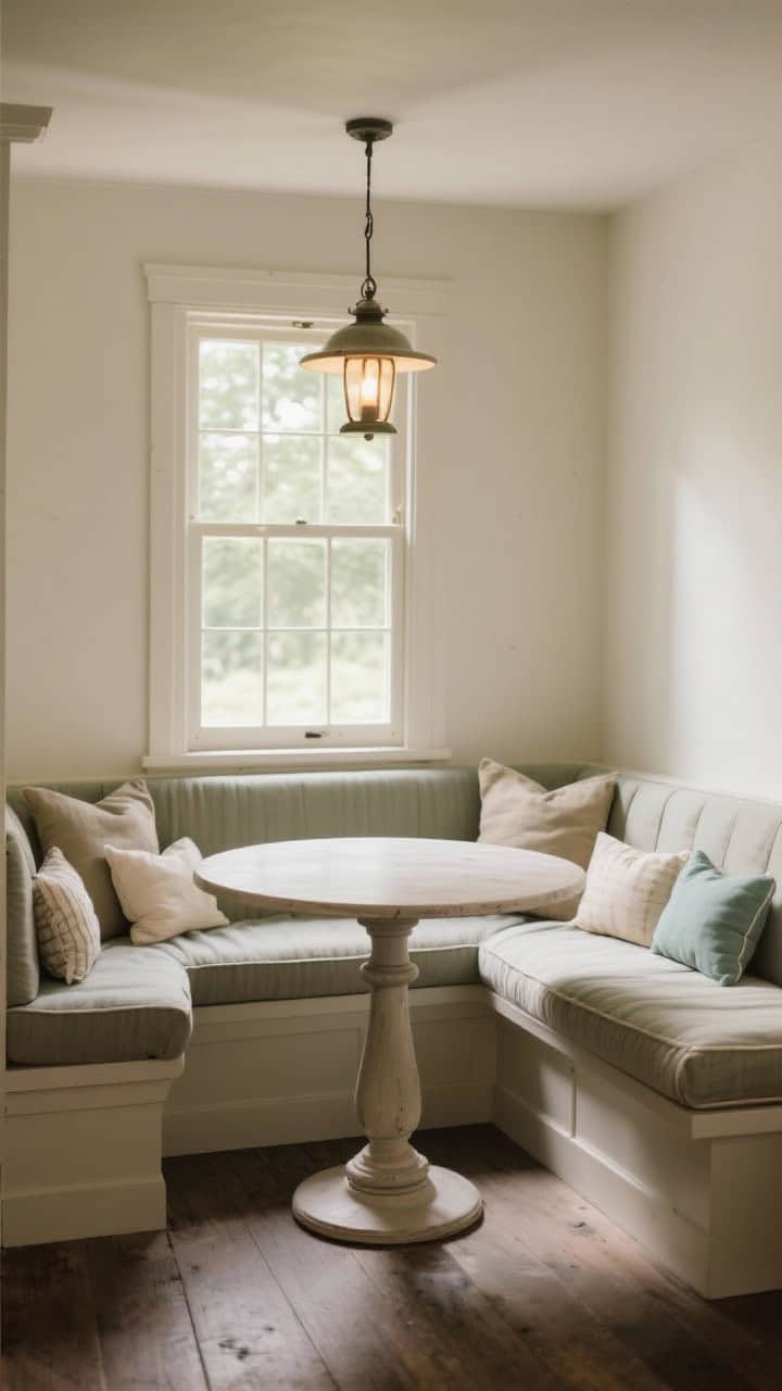 Cozy corner wide shot of a breakfast nook: built-in banquette under a window, washable bench cushions layered with small pillows in muted cottage colors, a round pedestal table for easy flow, small pendant lantern above on dimmer, morning sunlight filtering through; intimate, inviting mood