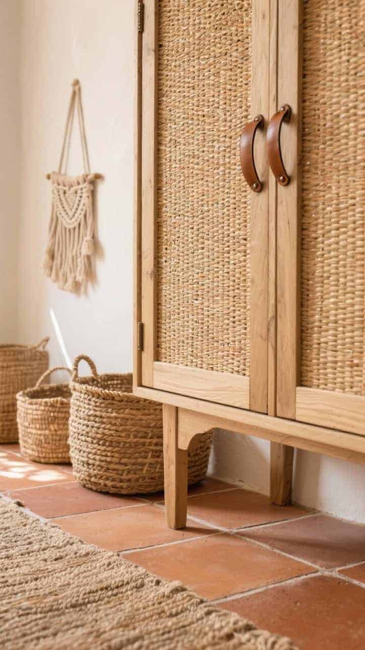 Detail closeup: boho textures—rattan cabinet fronts with sandy oak frames and leather pull handles; terracotta hex tile floor in matte, artisanal finish; woven baskets and a macramé wall pocket partially in frame; desert-toned runner edge visible; soft natural sunlight highlighting the rattan weave and terracotta texture.