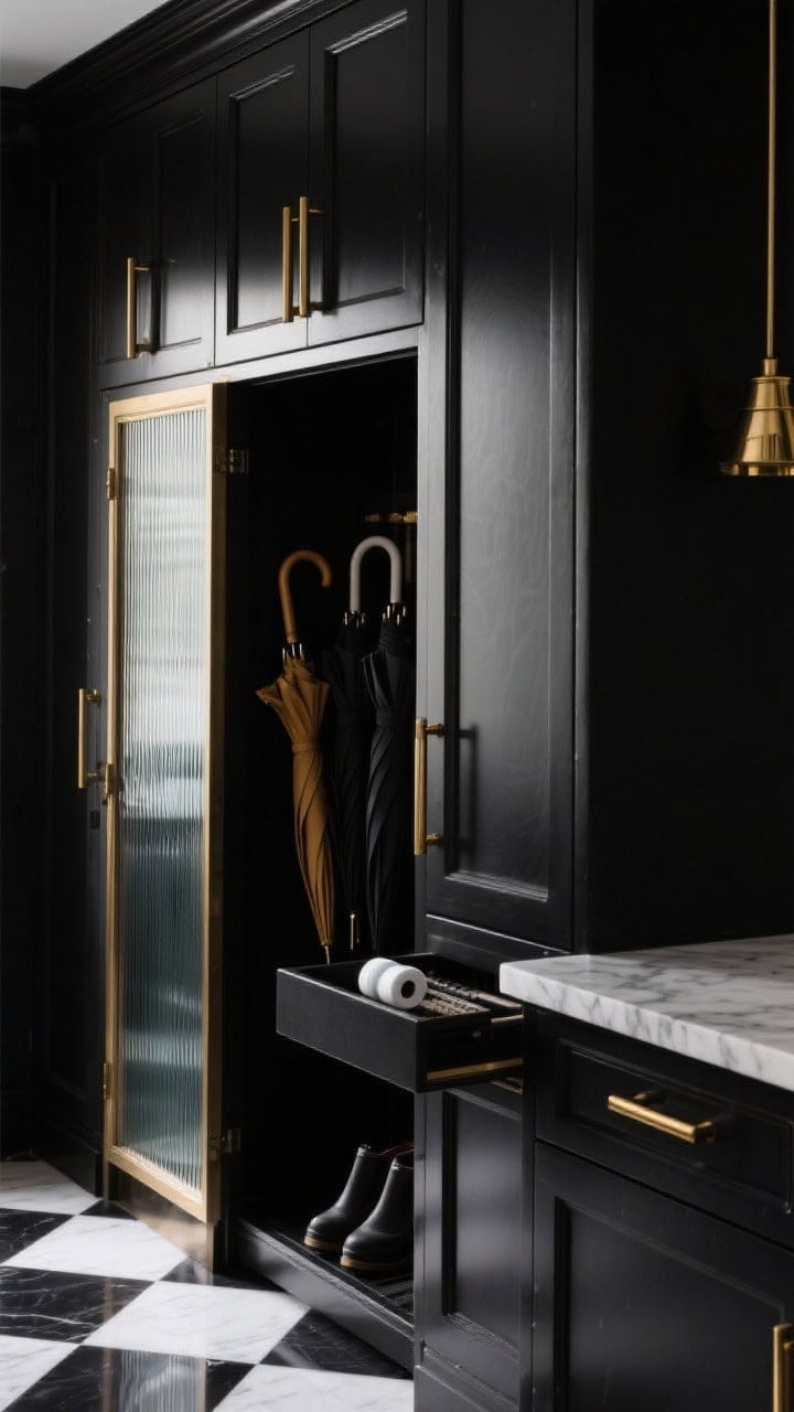 Detail closeup: high-contrast glam cabinetry in ink-black with ultra-tall doors; gleaming brass bar pulls catching light; ribbed glass panel on one door revealing blurred contents; inside glimpse of a shallow cabinet hiding umbrellas and lint rollers, plus a pull-out boot tray; marble-look quartz counter edge and checkerboard floor tiles visible; moody, dramatic lighting with subtle reflections.