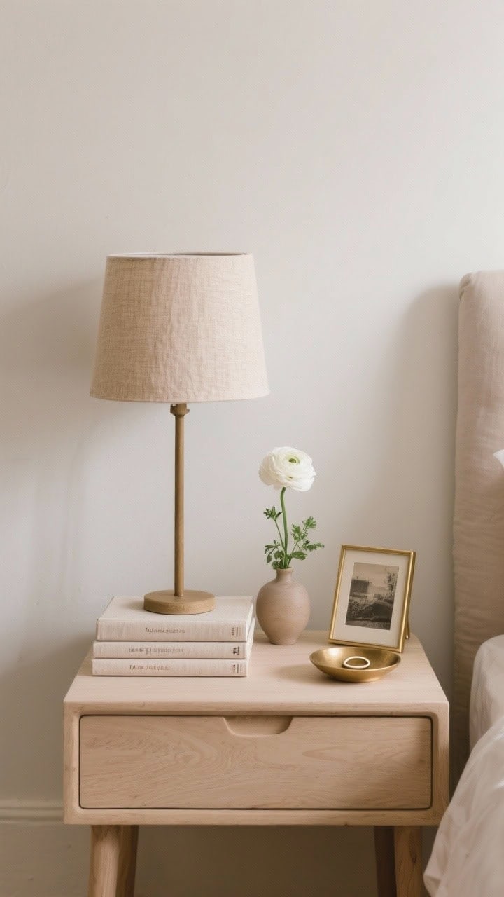 Detail closeup of an intentionally minimal nightstand vignette: light wood nightstand with a neat stack of 2–3 linen-bound books, a small lamp with a warm linen shade, a tiny bud vase holding a single stem (e.g., white ranunculus) or a petite potted herb, and a brass ring dish beside a small vintage photo in a thin brass frame; negative space preserved, soft side lighting.