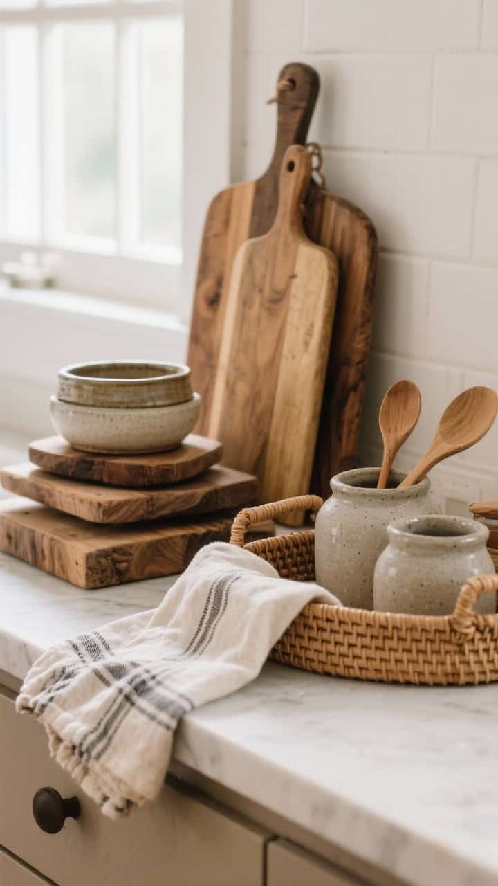 Detail closeup of layered natural materials on a countertop: stacked wooden cutting boards, stoneware crocks with wooden spoons, linen tea towels draped casually, a rattan tray corralling essentials; tactile textures prominent—wood grain, ceramic glaze, woven wicker, linen weave; soft window light emphasizing warmth and grounding