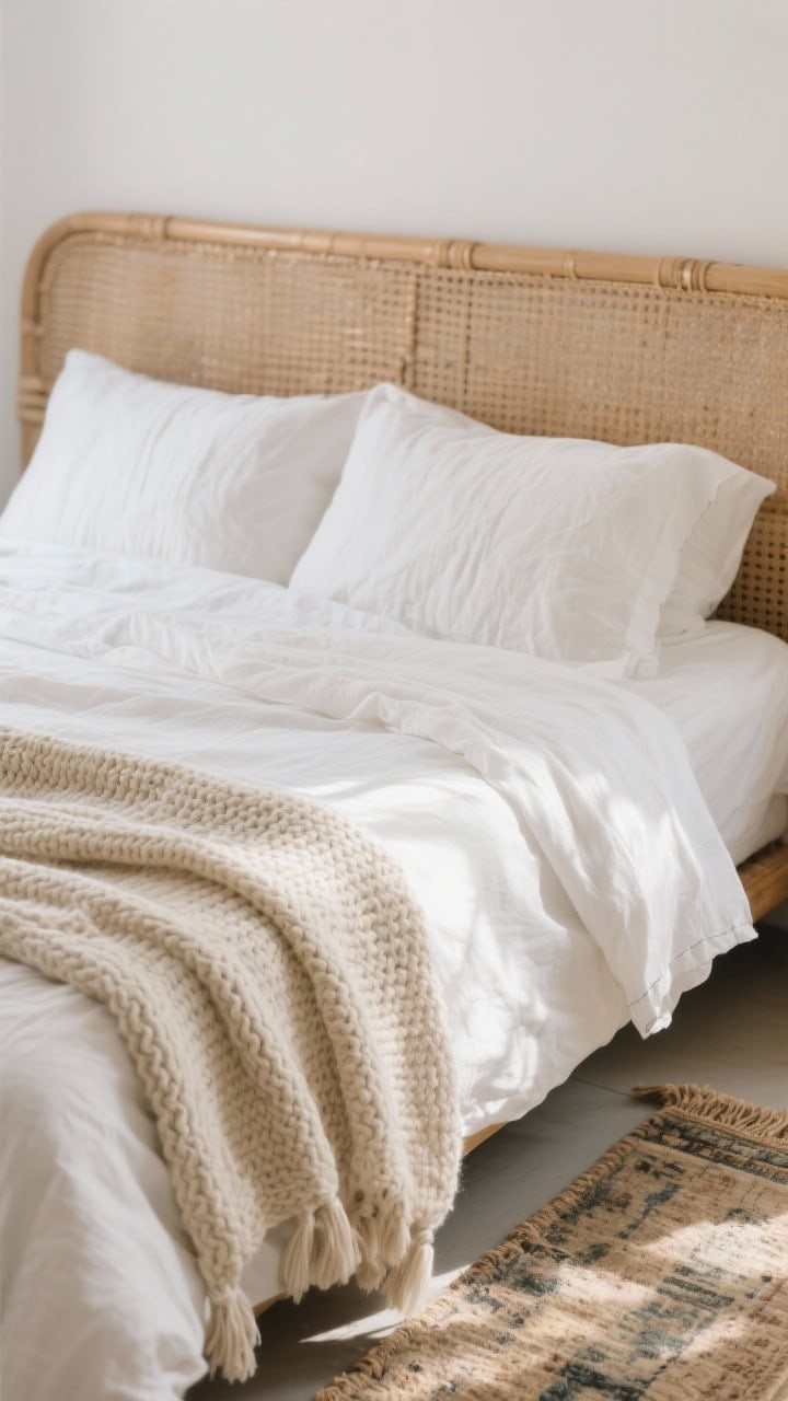 Detail closeup of layered textures on a bed: crisp white cotton sheets, a relaxed flax linen duvet in oatmeal, topped with a chunky knit throw in cream; edge of a cane headboard and a glimpse of a low-pile faded vintage rug/jute runner at the bedside; soft morning light raking across fabric to highlight linen weave, cotton smoothness, wool knit, and rattan texture; clutter-free palette in soft neutrals.