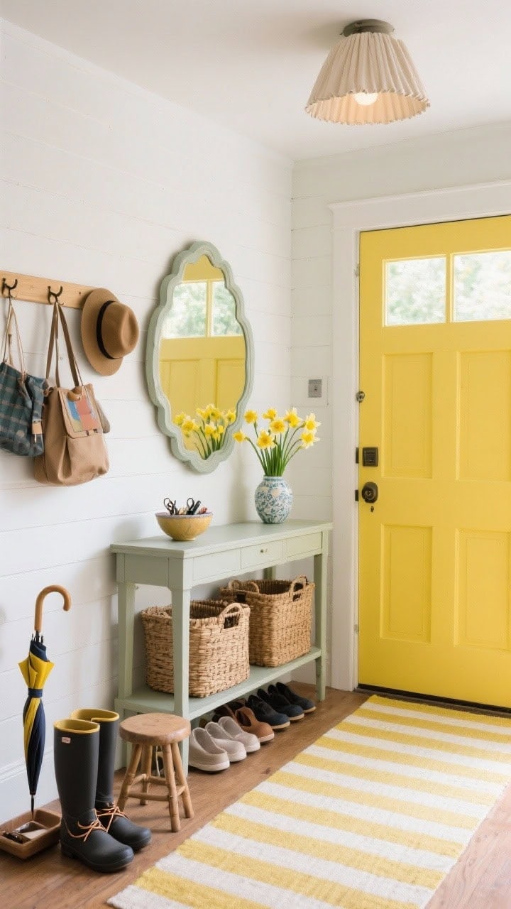 Detail/medium entryway “Playful Spring Entryway” shot from a slight angle: interior front door painted a happy butter yellow (echoed by a striped runner rug); slim console table with a scalloped-edge mirror above; console styled with a ceramic bowl for keys and a vase of daffodils; Shaker pegs on the wall holding bags and hats; woven baskets tucked beneath for shoes; functional accents: umbrella stand, boot tray, tiny stool for lacing up; overhead flush-mount with a pleated linen shade casting soft, flattering light; cheerful, tidy, photorealistic.