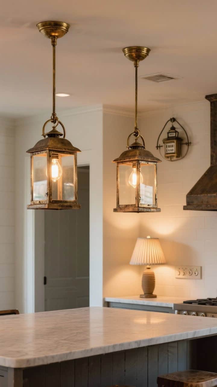 Detail shot of rustic lighting: a pair of lantern pendants over the island with 2700K warm bulbs, a schoolhouse flush mount in the background, a tiny pleated-shade table lamp glowing on the countertop; dimmers set for a soft, cozy evening glow, warm brass and iron finishes mixing subtly