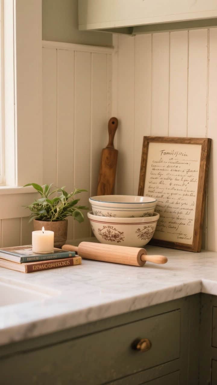 Detail vignette closeup on a countertop: grandma’s mixing bowls stacked beside a favorite wooden rolling pin, a framed handwritten family recipe leaning against a beadboard backsplash, a small plant and candle atop a couple of cookbooks; warm, personal, photorealistic with soft ambient light