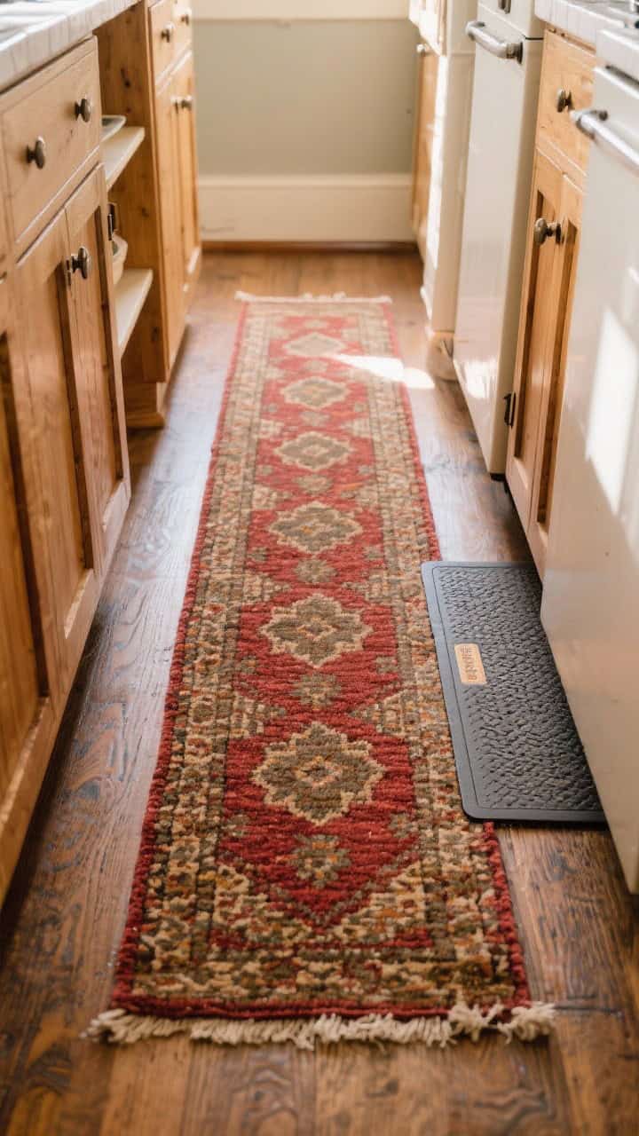 Low-angle medium shot of a galley kitchen floor featuring a vintage-inspired patterned runner in muted reds and earthy tones, low-pile washable texture, anchored with a no-slip pad; complements warm wood and cream cabinetry; gentle afternoon light adding warmth and practicality